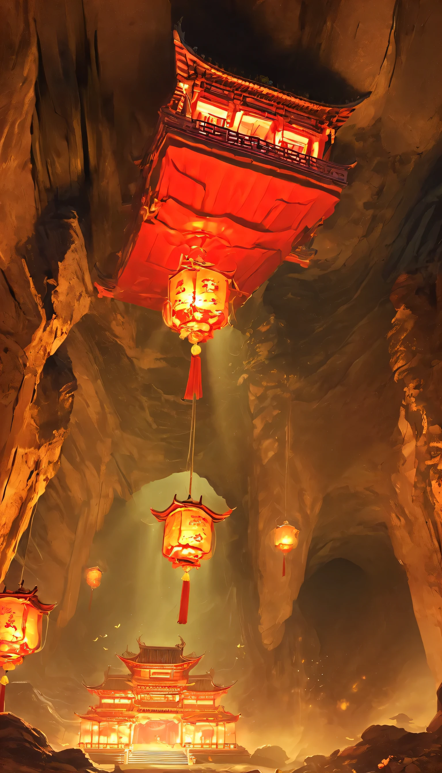 underground：1.5.underground古墓：1.37.（（（神秘的东方underground古墓，underground古墓，The landscape inside the cave is spacious and magnificent））），Red sedan suspended in the air，Chinese sedan，dim lights，intricately carved stone walls，ceiling，The mysterious atmosphere is scary，Supernatural powers。
