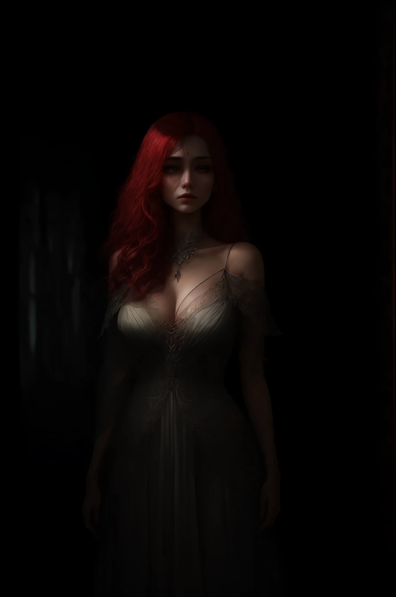 In the heart of an enigmatic forest, shrouded by thick, misty fog, resided a woman with a mysteriously broken heart, her red hair cascading down her shoulders like a curtain of fire. Emitting a palpable air of sorrow, her once vibrant and passionate eyes now held a haunting emptiness, mourning the loss of love's embrace.

Despite her despair, her figure was ethereal, clad in a delicate gown that seemed to merge seamlessly with the surrounding foliage, each thread adorned with meticulously woven strands of ruby flowers, as though nature itself had intertwined them in a sympathetic gesture. Her