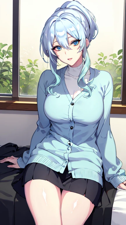 yukionayukino, yuki ona yukino, long hair, bangs, blue eyes, hair between eyes, blue hair, ponytail,
BREAK skirt, long sleeves, black skirt, sweater, turtleneck, ribbed sweater, white sweater, cardigan, blue cardigan, open cardigan,
BREAK indoors, bed,
BREAK looking at viewer, (cowboy shot:1.5),
BREAK (masterpiece:1.2), best quality, high resolution, unity 8k wallpaper, (illustration:0.8), (beautiful detailed eyes:1.6), extremely detailed face, perfect lighting, extremely detailed CG, (perfect hands, perfect anatomy),