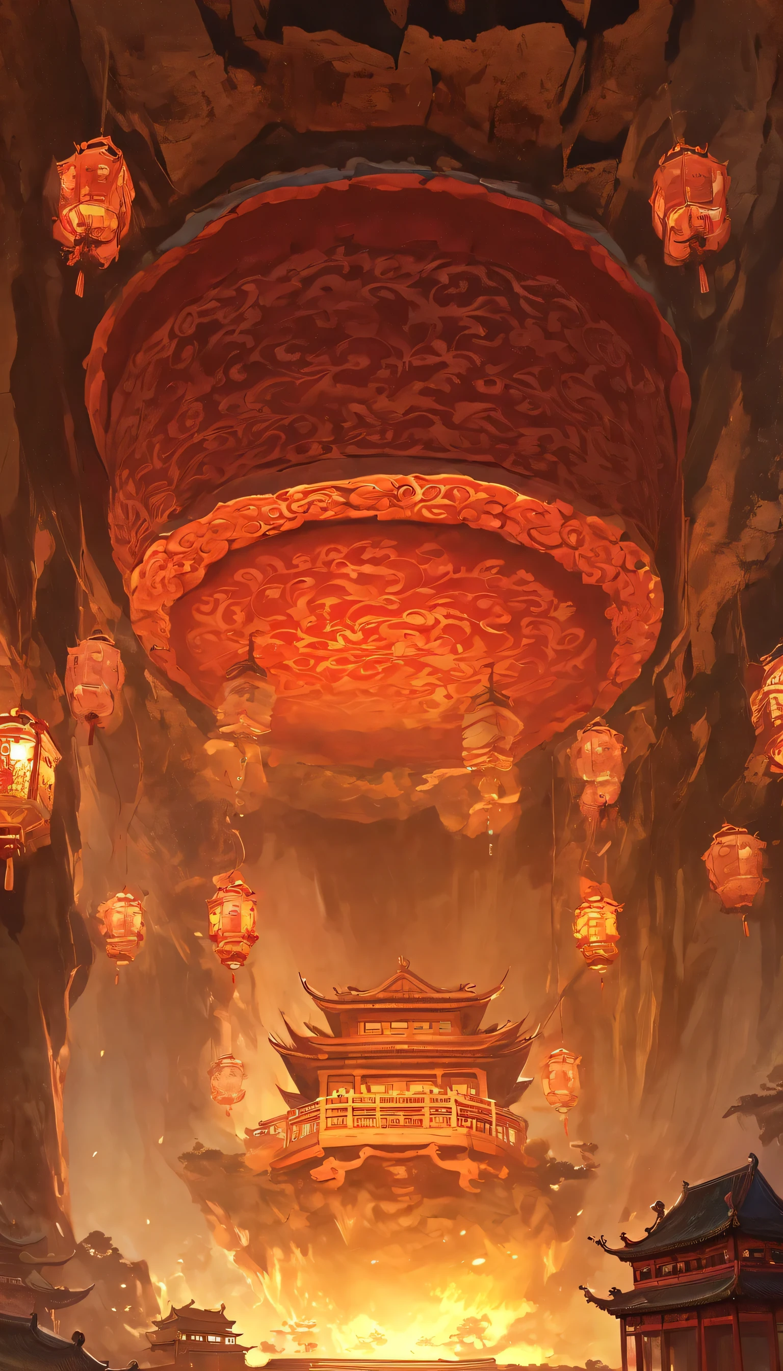 underground：1.5.underground古墓：1.37.（（（神秘的东方underground古墓，underground古墓，The landscape inside the cave is spacious and magnificent））），Red sedan suspended in the air，Chinese sedan，dim lights，intricately carved stone walls，ceiling，The mysterious atmosphere is scary，Supernatural powers。
