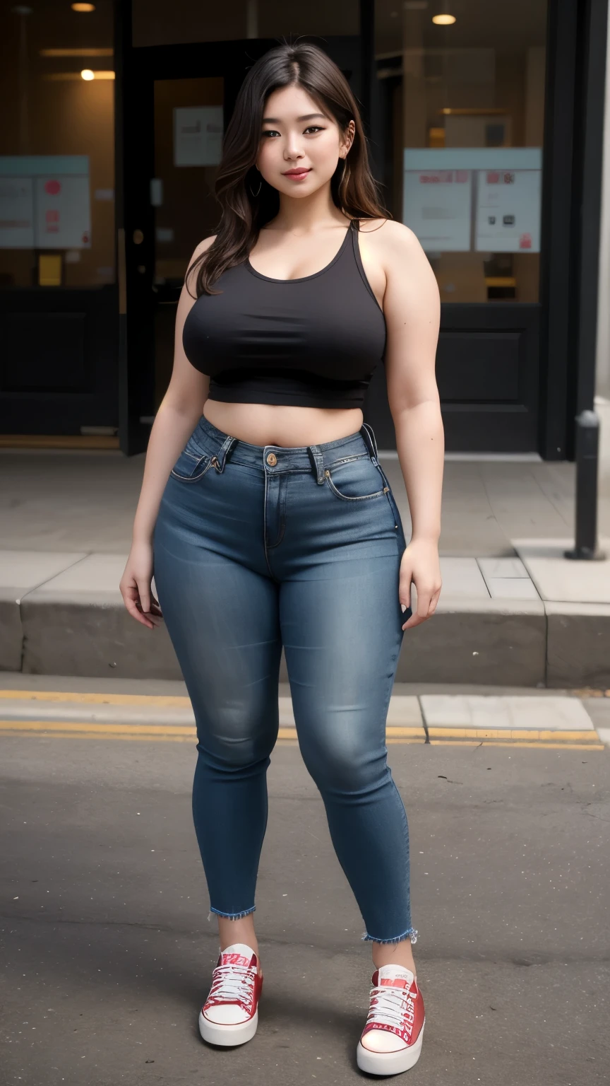 ((best quality)), ((masterpiece)), (detailed), perfect face, a woman in a black top and short thight jeans random posing for a picture, bbwchan, thick body, thicc, she has a jiggly fat round belly, korean girl, curvy model, beautiful thick female, thick, heonhwa choe, widest hips, skinny waist and thick hips, alluring plus sized model, thick thighs, nene tanaka body, nene tanaka face. Bbwchan, full body wide view, wearing a red sneaker, small breast 