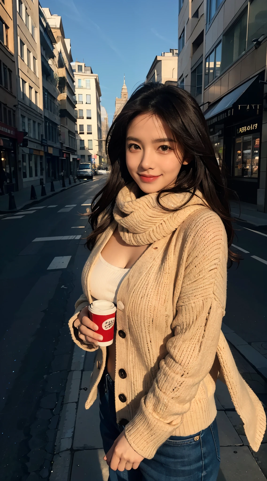 masterpiece, actual, 8k, ultra high definition, Photo of the street center shows a lovely, 27 years old. In this photo, It&#39;s obvious that she has sharp eyes and a pointed nose, But she has a lovely smile. her chest is very large. Maximizes the contours of her breasts. Sexy but still in the normal stage. This photo was taken in the center of the street，Good light，Create an atmosphere for the image. She also wears a cute scarf.