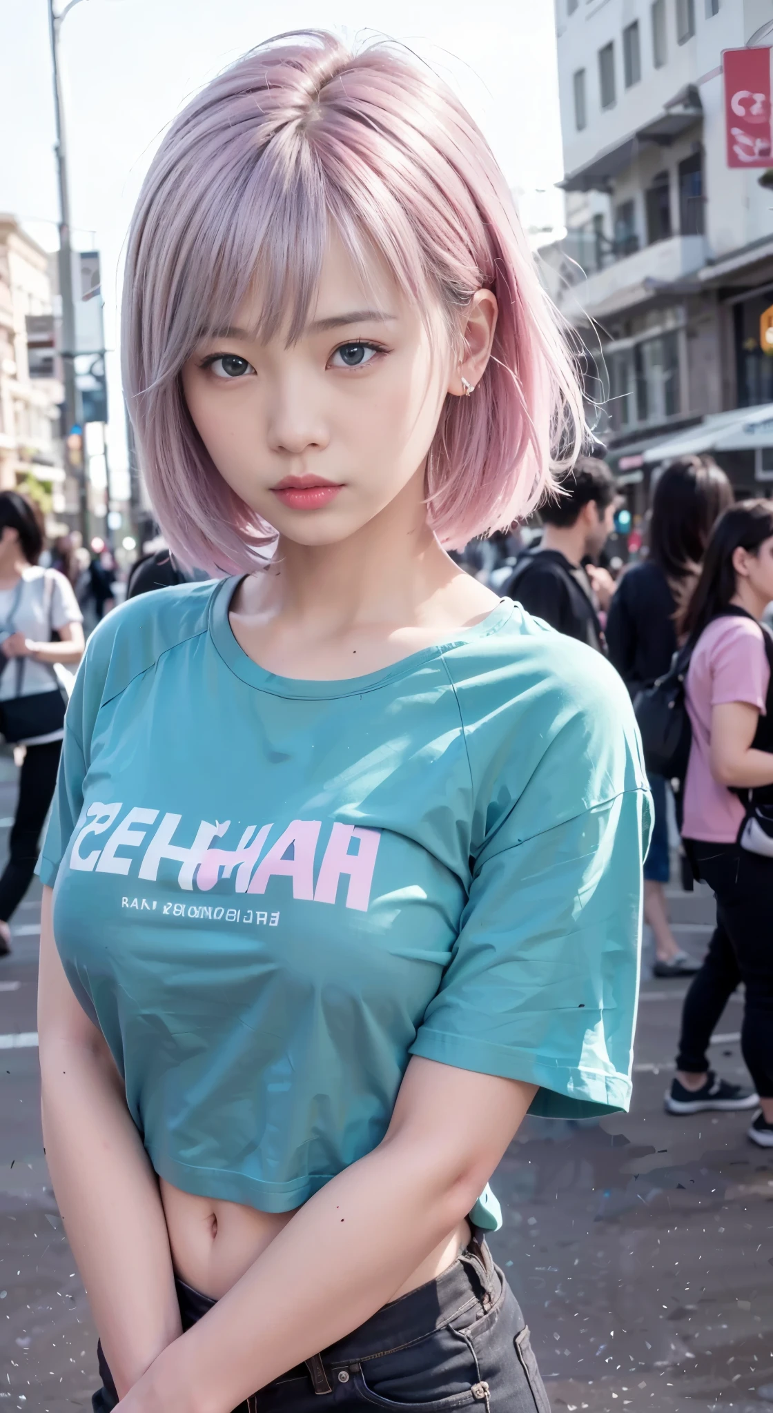 (hair pink:1.37), realistic face, realistic pink hair:1.3, 1 girl、photo of the young girl, beatifull girl:1.37, (Sana Minatonazi:NamiTamaki:0.5) High resolution 1.2, (8k, RAW Photo, Best quality, Masterpiece), (realistic, photorealistic:1.4), Ultra detailed, big face:1.2, On the street Madrid , sexy, athletic, medium height:1.2, beautiful woman, Yukata Beauty, the black night:1.2, a cityscape, city light, upper body, sexy, close-up, (realistic blue eyes: 1.37), realistic iris:1.3, short hair:1.37, Asian woman with thin pink hair:1.37 Cheng Yi, fine pink hair:1.37, inspired by Yanjun Cheng, flowing pink hair:1.37, realistic face, beautiful face, realistic skin tone, soft mouth, short pink hair:1.37, realistic pink short hair:1.37, very pretty, full body, realistic face、(8k、raw photography、premium、 masterpiece:1.2 )、(realistic、photorealistic:1.37), (pink hair:1.37), hair in ears, medium tits, ), wearing (yellow t-shirt:1.37), long black jeans:1.3 worn appearance, jacket rock black:1.37, pink and white sneakers, different poses