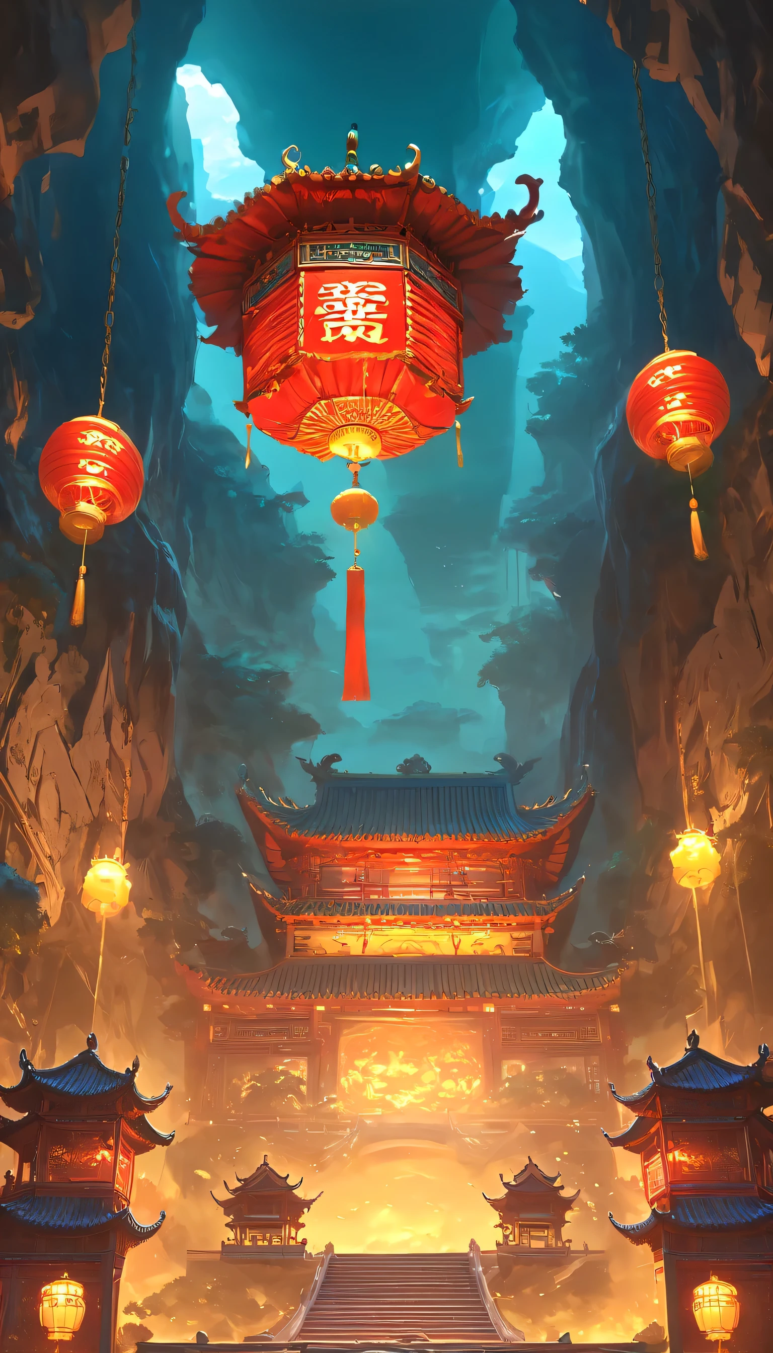 underground：1.5.underground古墓：1.37.（（（神秘的东方underground古墓，underground古墓，The landscape inside the cave is spacious and magnificent））），（（Red sedan suspended in the air，Chinese sedan，chain on car，bell on chain，Chinese sedan）），dim lights，intricately carved stone walls，ceiling，The mysterious atmosphere is scary，Supernatural powers。
