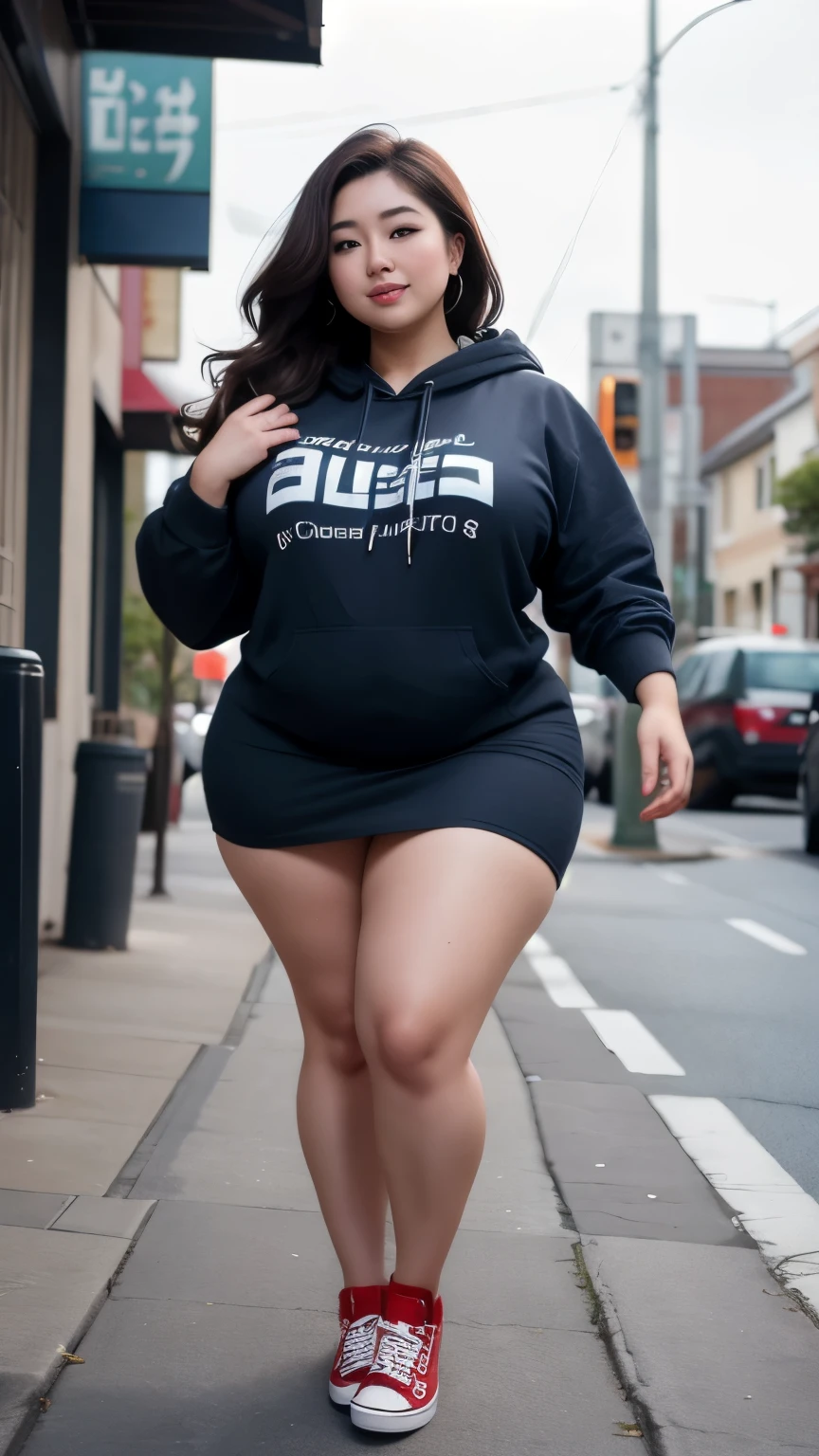 ((best quality)), ((masterpiece)), (detailed), perfect face, a woman in a dark-blue hoodie an thight skirt random posing for a picture, bbwchan, thick body, thicc, she has a jiggly fat round belly, korean girl, curvy model, beautiful thick female, thick, heonhwa choe, widest hips, skinny waist and thick hips, alluring plus sized model, thick thighs, nene tanaka body, nene tanaka face. Bbwchan, full body wide view, wearing a red sneaker, small breast