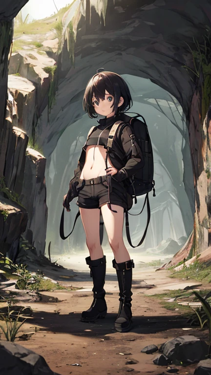 Underground caves、dark underground、girl exploring、Exploration suit with belly button exposed、Large backpack、shorts、Knee-high boots、