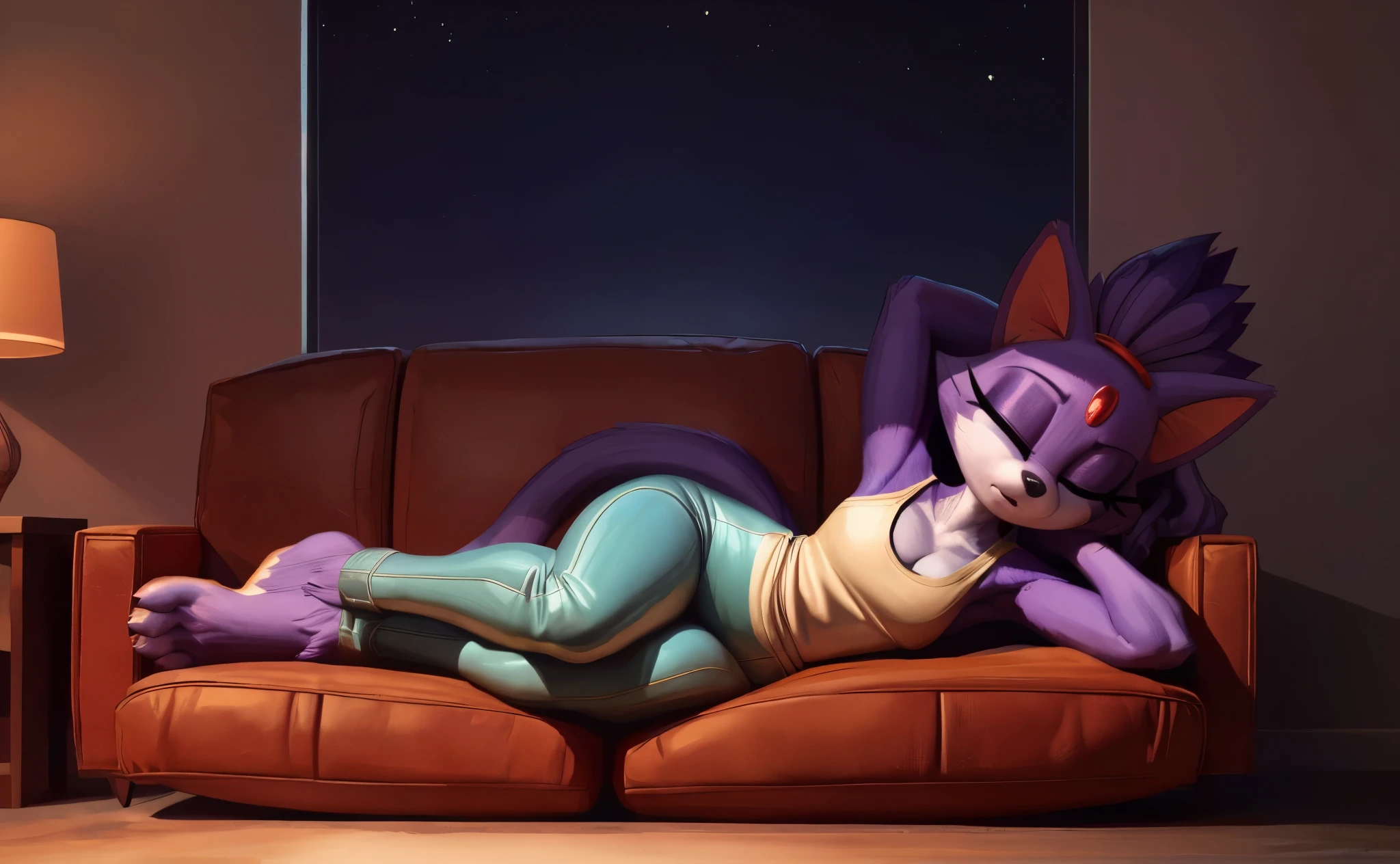 [Blaze the cat], [Uploaded to e621.net; (Pixelsketcher), (wamudraws)], ((masterpiece)), ((HD)), ((High res)), ((furry)), ((solo portrait)), ((front view)), ((full body)), ((feet visible)), ((detailed fur)), ((detailed shading)), ((cel shading)), ((beautiful render art)), ((intricate details)), {anthro, purple fur, (white fur on feet), black nose, cat ears, (cute closed eyes), (long eyelashes), (red gem on forehead), long tail, (tied-up hair), (curvy hips), (beautiful legs), (beautiful paws), (sleeping expression)}, {(tight white yoga bodysuit), (cleavage)}, {(laying on couch), (laying on side), (sleeping)}, [background; (living room), (lamp), (window), (sunrise), (sun rays), (starry sky), (ambient lighting)]