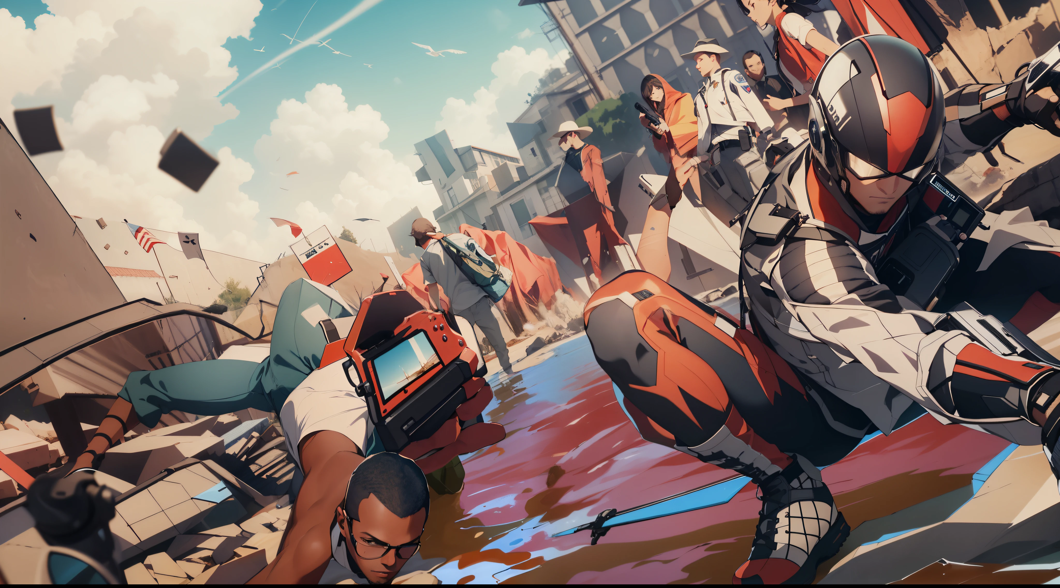 Capture the breathtaking moment as a young dark skinned man falls out of the sky and crashes on a police car, as the superhero lands in front. This RAW masterpiece showcases an ultra-high resolution, photorealistic full-body portrait, illuminated by the warm glow of sunlight. The scene is rendered in the captivating style of mecha sci-fi anime, boasting an impressive 8K resolution for the best quality imagery. Crafted with Unreal Engine 1.4, this piece features ultra-realistic 64K CG, skin texture at 1.4, and volumetric fog to add depth and atmosphere. The details are further enhanced with 8K UHD, DSLR quality, film grain, and the artistic touch of lomography. The result is a stunning blend of high-quality visuals, translucent effects, and photorealism that truly captivates the viewer.
