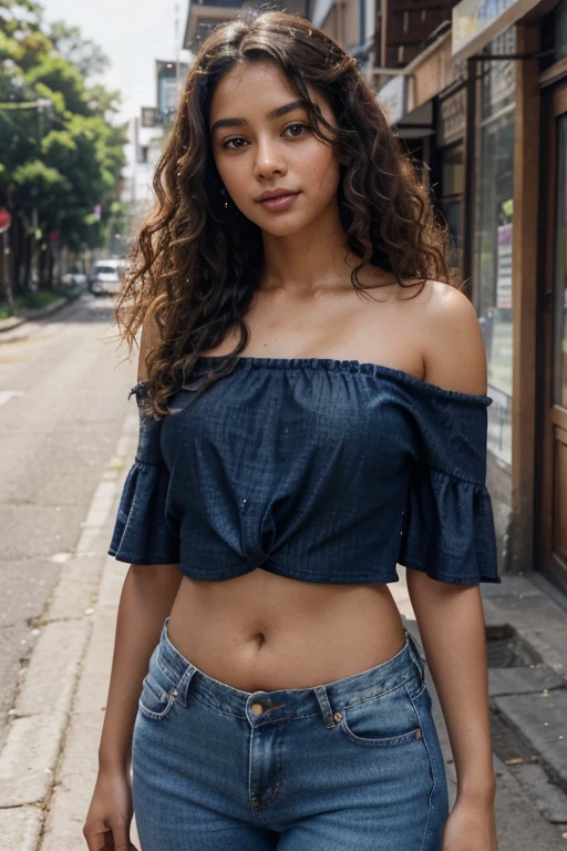 A beautiful Sri Lankan middle-aged girl with curly hair stands on a sunlit street, dressed in a stylish and modest outfit that covers her entire body. She wears a cute black top that complements her complexion and features a modest neckline, ensuring her belly and armpits are not exposed. Paired with the top, she wears a comfortable pair of blue jeans that are stylish and fitted. Her curly hair cascades down her shoulders, framing her clear and radiant face, which showcases her natural beauty. The image is captured in realistic 4K full HD resolution, allowing for vivid details and a lifelike portrayal of the girl’s charm and the vibrant surroundings of the sunlit street.