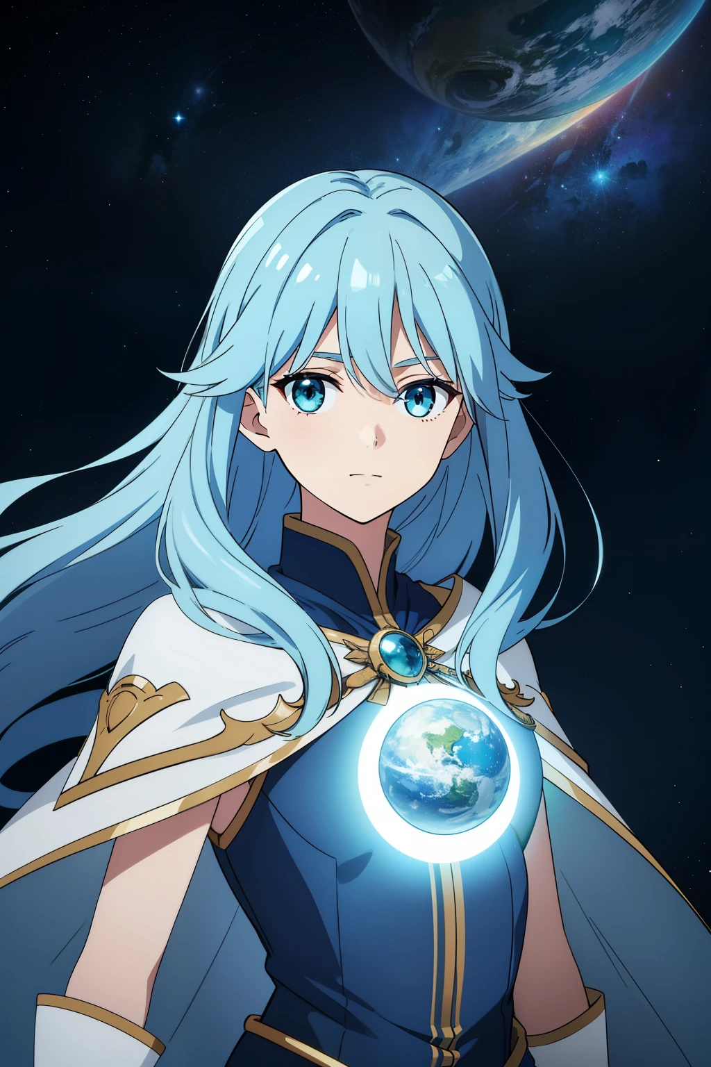 (high-quality, breathtaking),(expressive eyes, perfect face) 1female, female, solo, short height, , long curly length hair, Light blue hair color, glowing hair, white strands in hair, unkept hair, bluey green eyes, kind expression, soft smile, cloak, shirt, fantasy mage clothing, adventurers attire, Uranus planet, Uranus Roman God of the Sky and Heavans, space background, portrait, upper body, magic, elegant, gorgeous flowing hair, stars in hair, loose hair