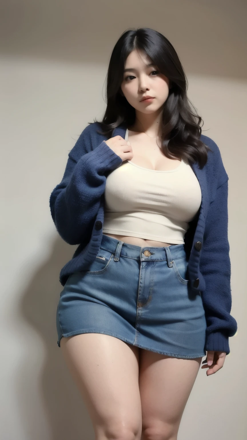 ((best quality)), ((masterpiece)), (detailed), perfect face, a woman in a dark-blue cardigan and long skirt random posing for a picture, bbwchan, thick body, thicc, she has a jiggly fat round belly, korean girl, curvy model, beautiful thick female, thick, heonhwa choe, widest hips, skinny waist and thick hips, alluring plus sized model, thick thighs, nene tanaka body, nene tanaka face. Bbwchan, full body view, wearing a red sneaker, small breast, woman in proportions body, big eye, big cheeks 