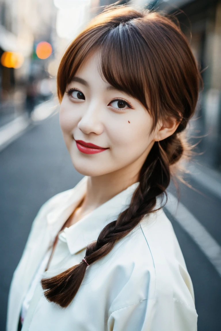 8K, (super detailed eye:1.1), From before, top view, super detailed, Very detailed CG, (masterpiece:1.1), (highest quality:1.4), Very detailed CG, (Post-processing:1.4), (Extreme, fine and beautiful:1.3), (soft illumination:1.0), (soft color:1.0), (soft volumetric lighting:1.1), (soft shadows), 1女of子, blurry, blurry_background, blurry_Qianfang, Braid, Brown_hair, closed_eye, with collar_shirt, depth_of_field, hair_that&#39;s all_shoulder, hair_Scrunchie, Jacket, length_hair, Scrunchie, Sengawa_chihiro, shirt, short_dispel, single_Braid, smile 