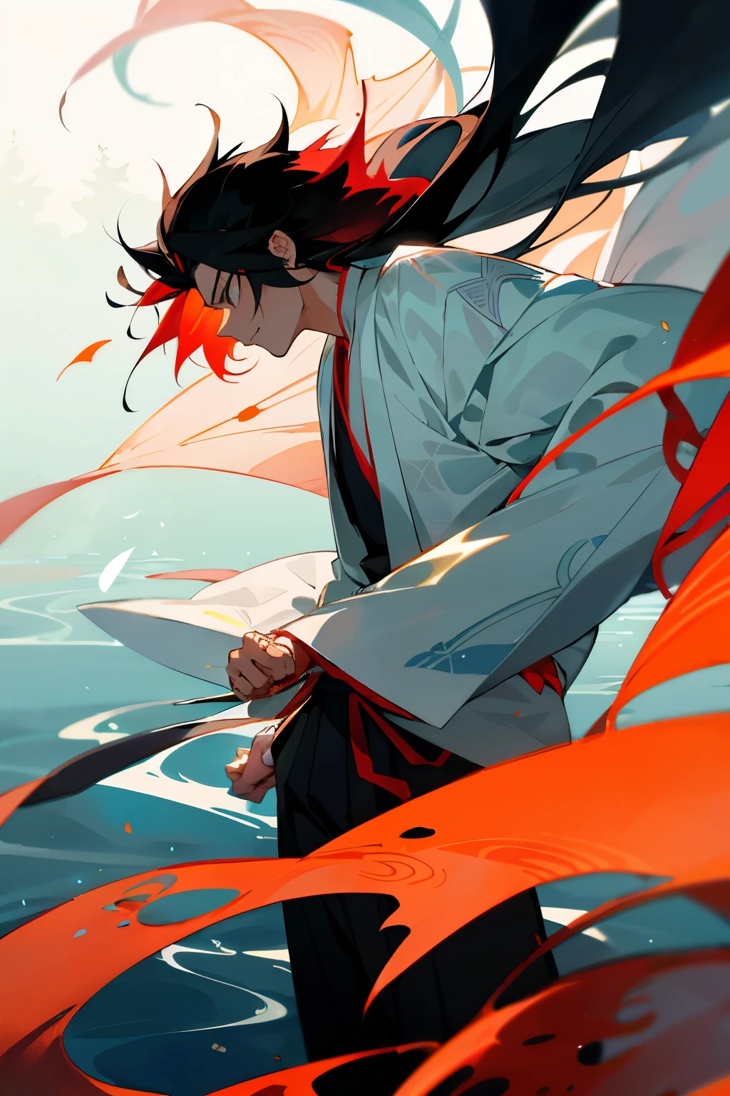 Mizushima Marikuto, a young man with jet-black hair that shines under the sun, stands embarrassedly by the side of the road. He wears a traditional Japanese outfit, a hanfu, with intricate patterns, making him look both mysterious and alluring. His bright red face is a stark contrast to his calm, closed mouth. Marikuto's hands are clenched into fists at his sides, and his long, flowing sleeves are billowing in the wind.
In the background, there's a serene lake reflecting the rippling trees and azure sky. The once peaceful scene is disrupted by Marikuto's embarrassing situation. He looks away,
