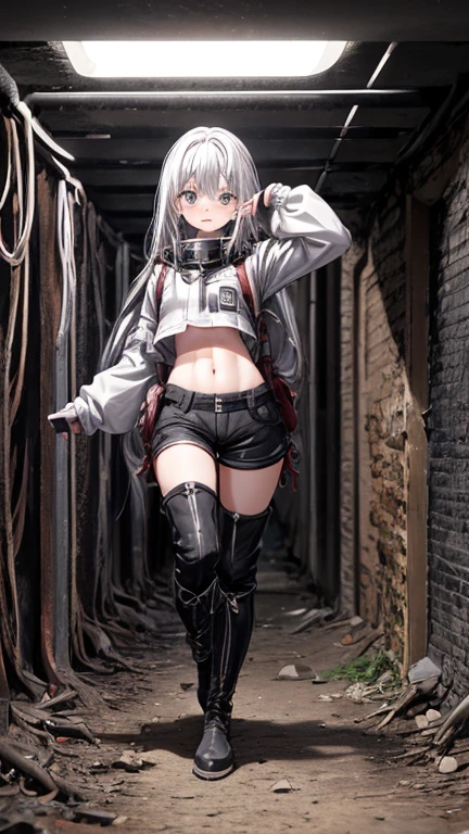Underground caves、dark underground、girl exploring、long silver hair、Exploration suit with belly button exposed、Large backpack、Black shorts、Knee-high boots、17 years old