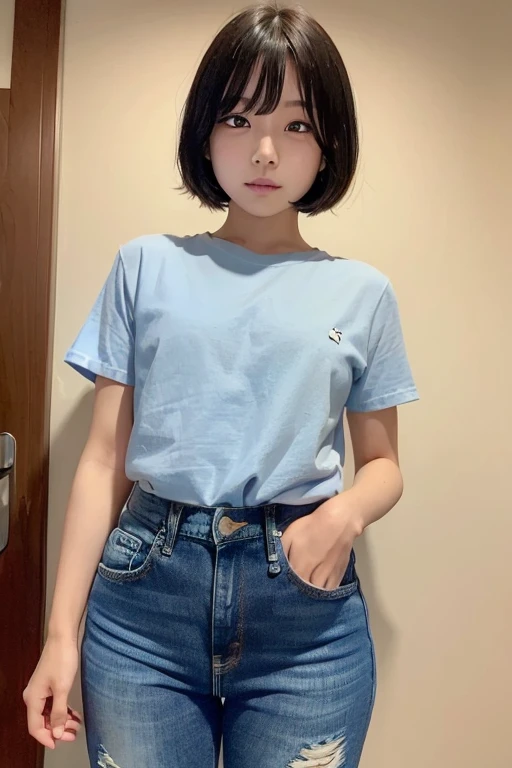 (narrow eyes:1.4), frontal shot , From the middle , (black eye), (japanese woman), 1 girl, (small eyes:1.4), very beautiful  girl, beautiful breasts:1.5, (highly detailed eyes:1.2), (beautiful breasts:1.1), short hair, bangs, (thick legs, huge hips, thick thighs), perfect skin,  Fair skin, tight waist, light blush, alone, looking at the viewer, I'm about to cry, (White Round Neck T-Shirt), ( Blue Short Jeans:1.5)