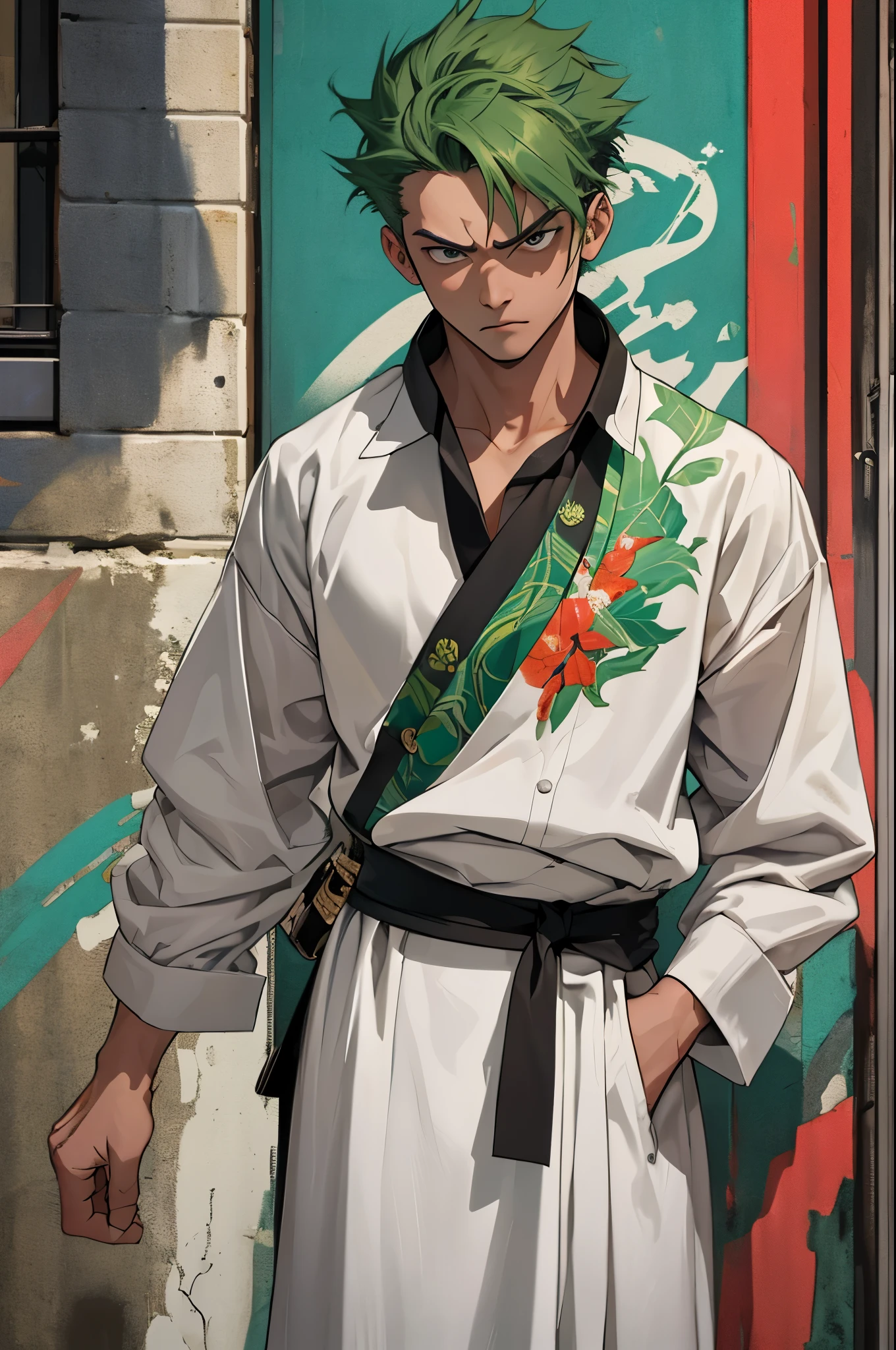 (masterpiece:1.3), (Best quality:1.3), 8K, boy, solo, (unique style of clothing), (((Unusual clothes))), Katana, (Zoro face:0.5), (The Magician of the Air), angry face, full length, green hair, (short hair), ((20 years old)), ((street style)), white clothes