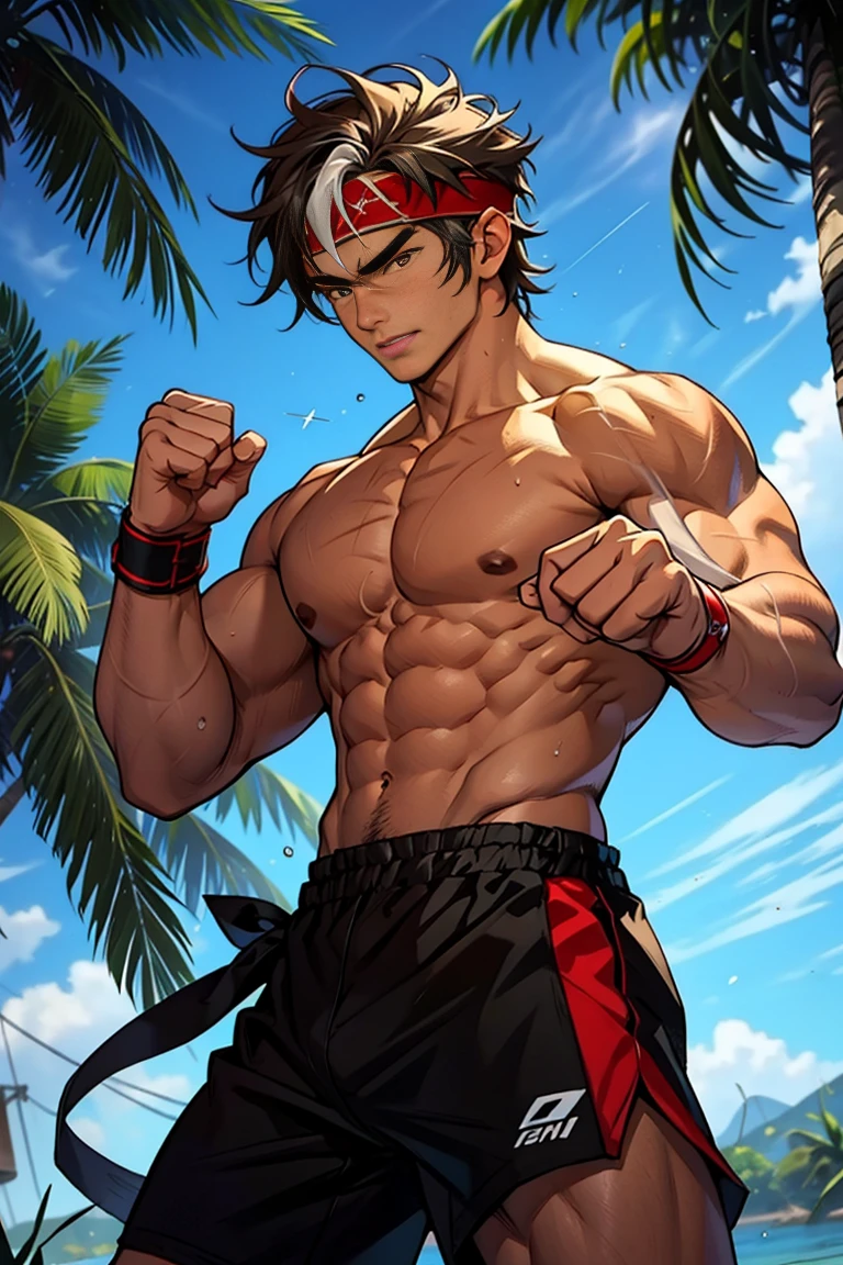 (Masterpiece, Best quality 16 year old boy，cute eye, Shota), solo, Young, boy, Dark Short hair, full bodyesbian, Shirtless, babyface, topless, green headband, Vivid colors,(Depth of field:1.2),(Abs), view the viewer, black wristband, closed mouth, topless male, pale tanned skin with tight muscler body, Man with martial arts stance, epic boxing pose