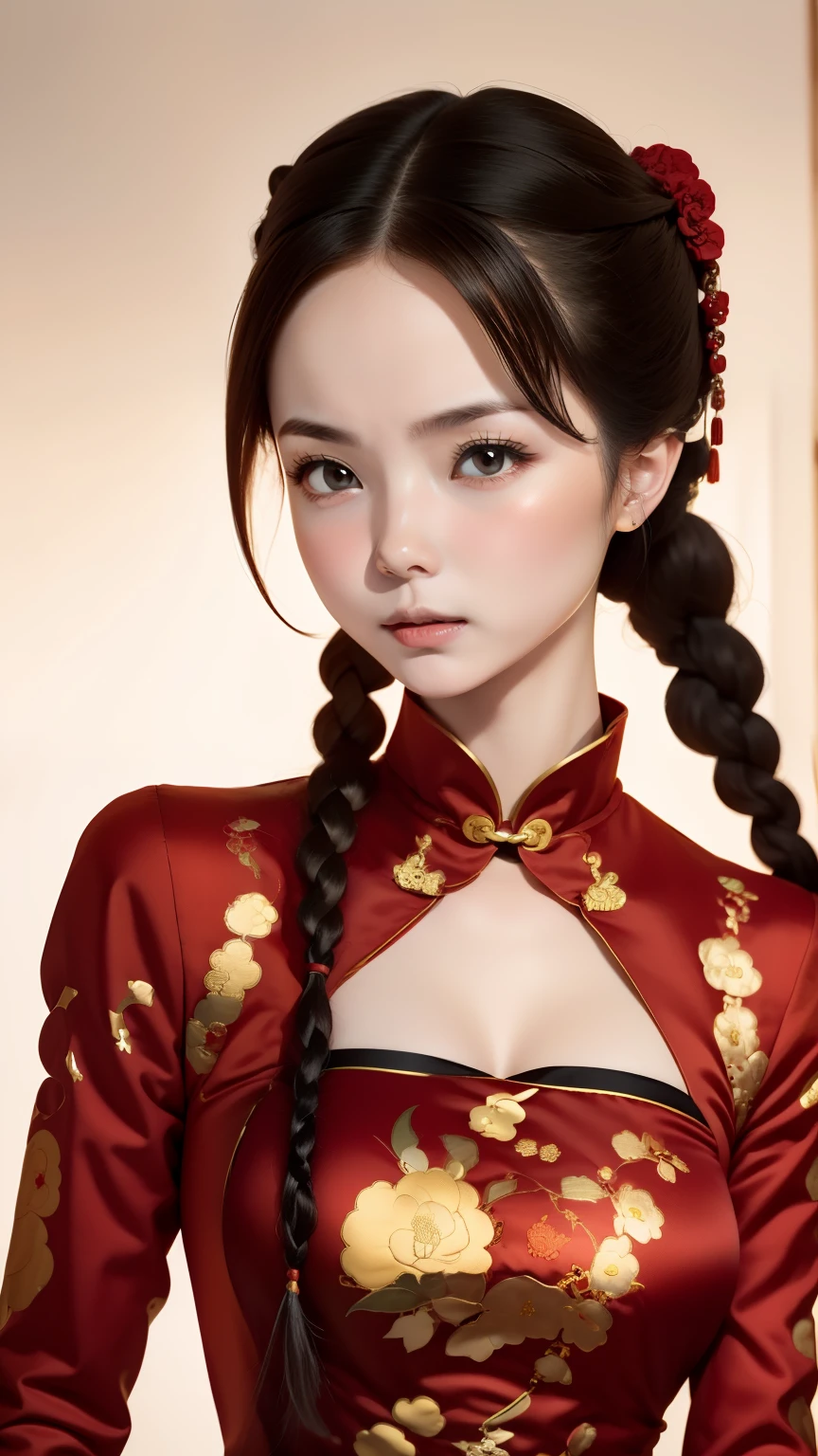 anatomy、Royalty image of a woman wearing a red dress holding out her hand to the side, (ash gray hair:1.2、french braid)、High-quality stock images, cute young woman, shrugging arms, 魅力的なgirl,  wide forehead, women are bent, hand gesture, (Wearing red erotic Chinese clothes:1.1), girl, with white background, women pictures, Expressive look of surprise