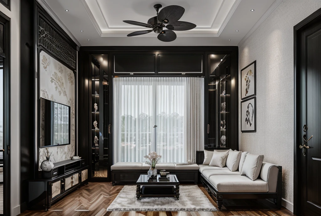 RAW photo, Masterpiece, high quality, best quality, authentic, super detailed, livin groom, glossy indochina black furniture), 1 indochina style, 1 side bed, 1 fur carpet, shelf tv, glossy floor, 1 solid wood door:1.4,((laminated plaster,))), sunset light)), archdaily architecture, (high detail: 1.2), 8k uhd, dslr, soft light, high quality, film grain, Fujifilm XT3, High-end, hight dynamic light, hight contrast