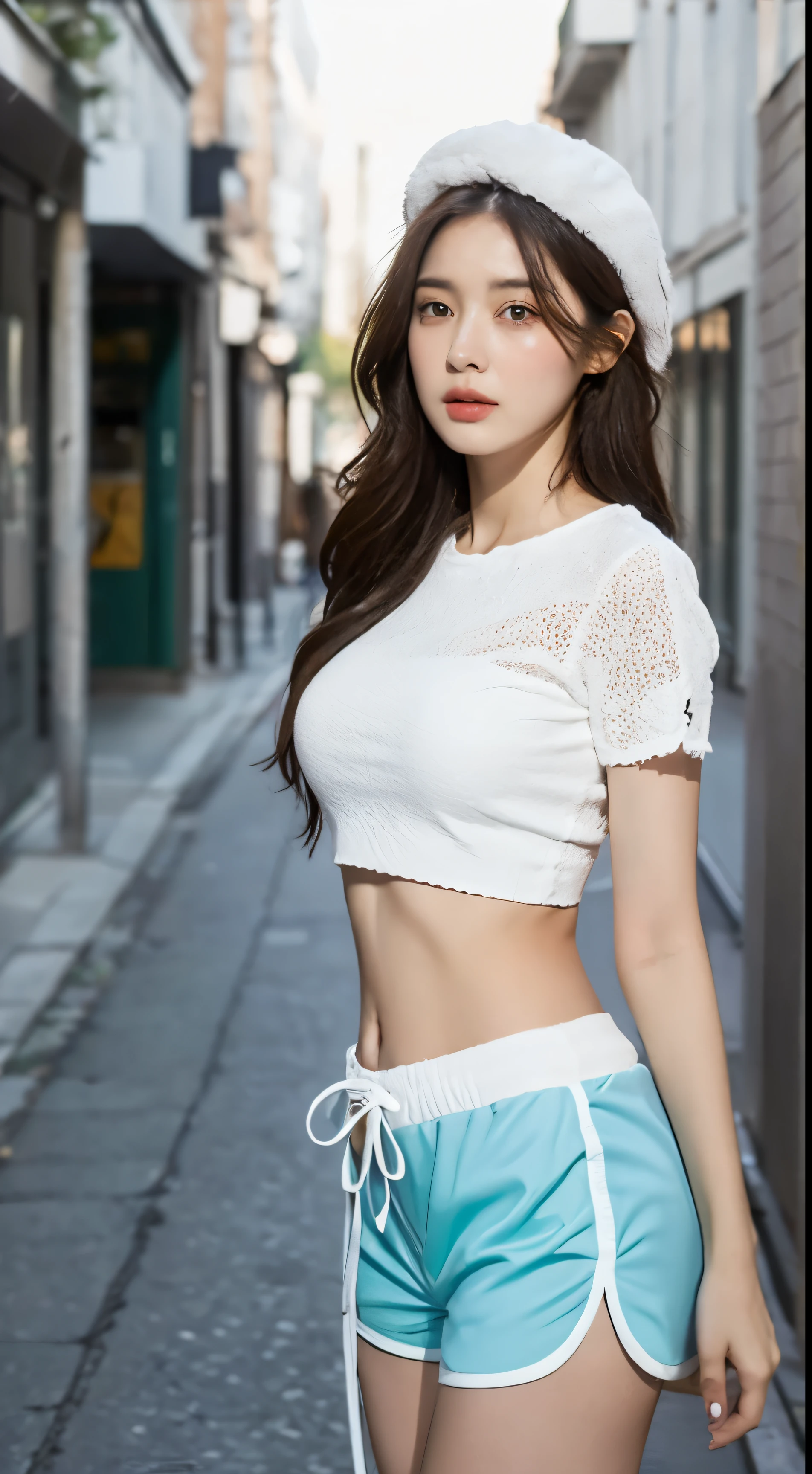 ((Best Quality, 8K, Masterpiece: 1.3)), (Flower Cap: 1.3), Focus: 1.2, Perfect Body Beauty: 1.4, Buttocks: 1.2, (Layered Haircut: 1.2)), (Dark Street: 1.3), Highly Detailed Face and Skin Texture, Full Body, Delicate Eyes, Double Eyelids, Whitened Skin, Long Hair, (Round Face: 1.5), (Loose Crop Top, Shorts: 1.6), shooting in studio, long hair, Sexy crop top, white suit