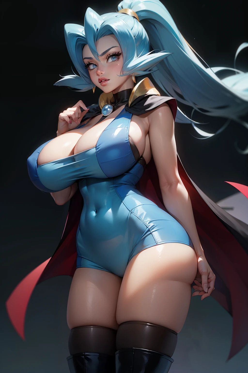 Generate an illustration of a mature Clair, gym leader of pokemon, ponytail, holding a poke all, de terno preto, long hair, hair flows straight down, darkblue hair, (gigantic breasts:1.4), blue outfit in anime format with a serious style, (black cape), blue tights, blue boots, gothic make up, masterpiece, ((dark lighting)), black background, (((puffy lips))),slendered abs, beautiful face,