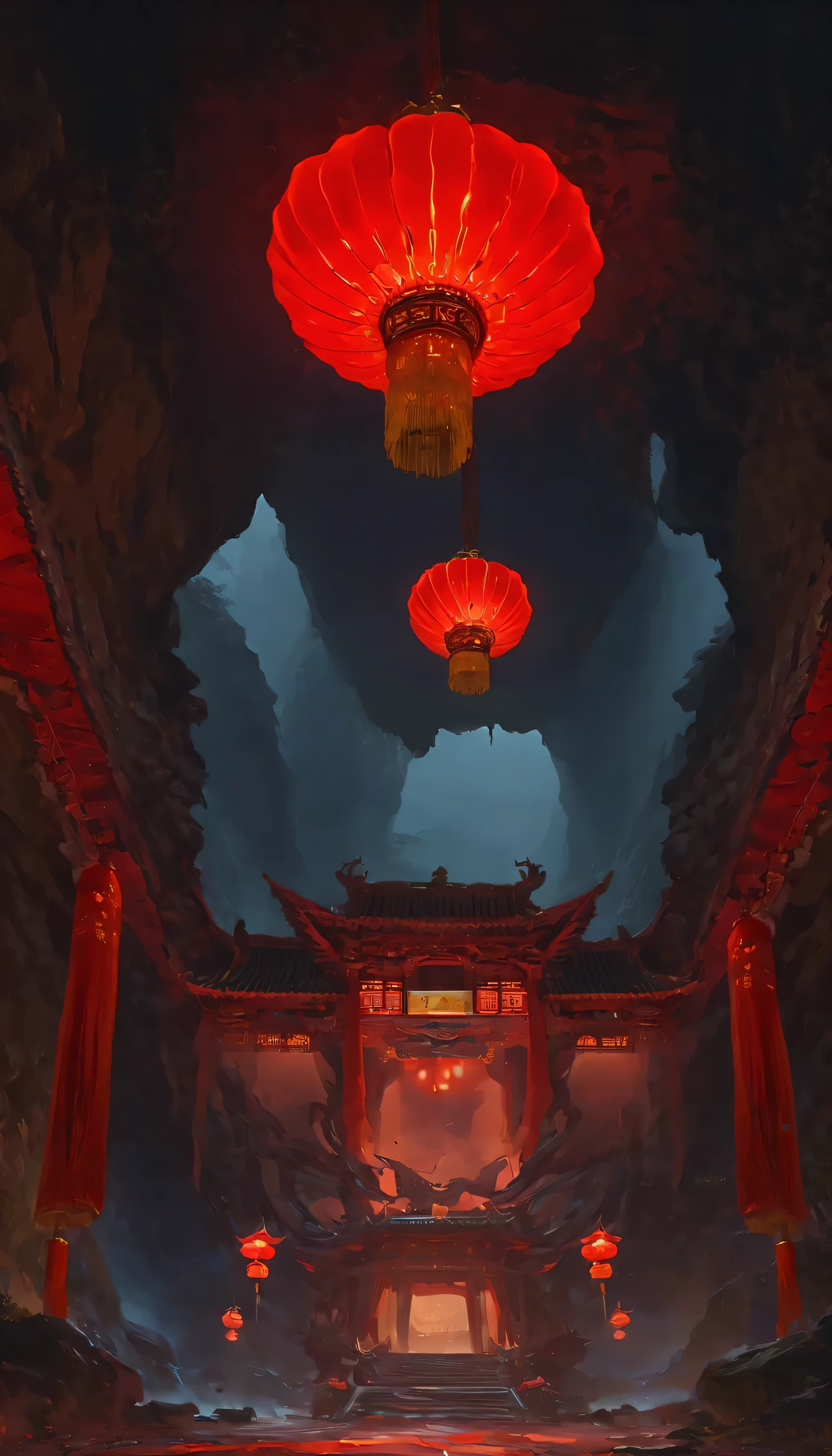 （underground：1.5）.阴暗的underground古墓：1.37.（（（神秘的东方underground古墓，underground古墓，The landscape inside the cave is spacious and magnificent））），（（Red sedan suspended in the air：1.37，Chinese sedan，chain on car，bell on chain，Chinese sedan：1.37）），black and red。stale，dim lights，intricately carved stone walls，ceiling，The mysterious atmosphere is scary，Supernatural powers。
