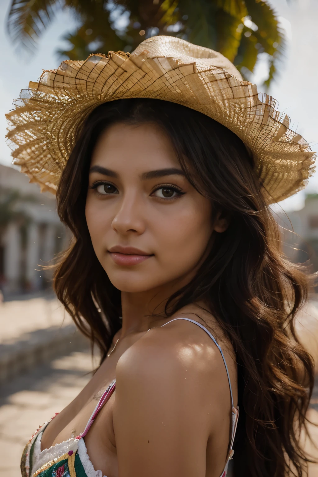 "Create a realistic digital portrait of a beautiful 25-year-old Mexican woman. Emphasize features like expressive eyes, well-groomed hair, and a radiant complexion. Ensure the portrait captures the natural beauty and warmth associated with Mexican culture."