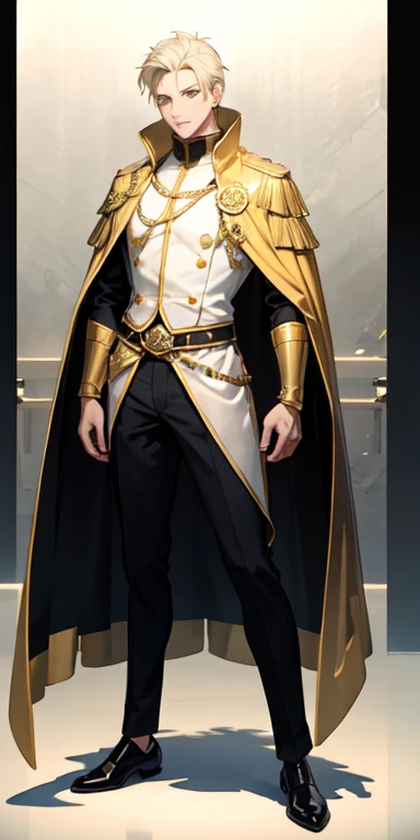 ((best quality)), ((masterpiece)), (detailed),full body anime picture of a male security guad , gold outfit ,  1 person , gold markings , waist cape , warden , male