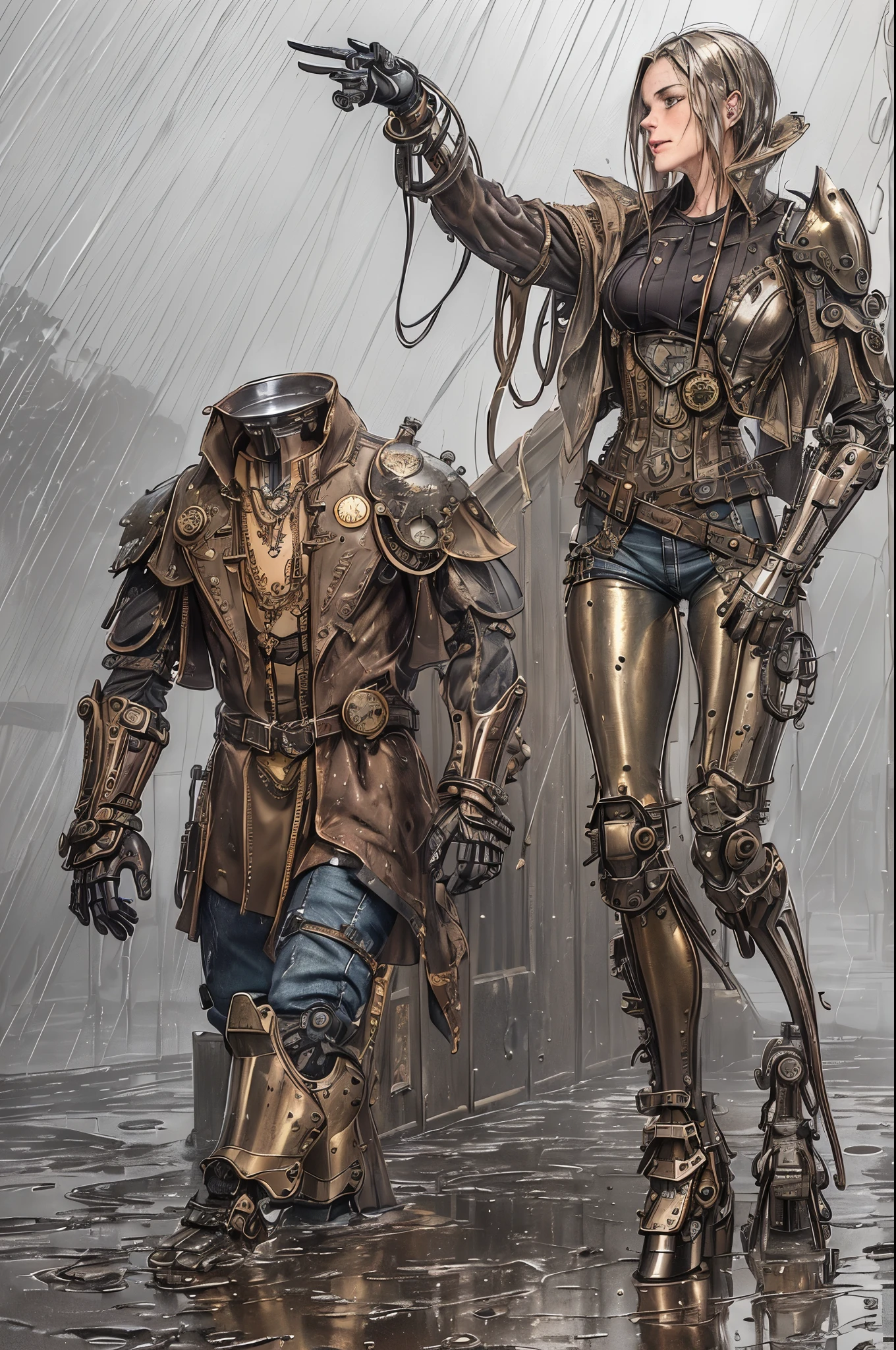 Disabled mechanical arm, ((Steampunk: 1.2)), ((Metallic limb: 1.5)), ((Rusted and weathered: 1.1)), ((Absent prosthetic: 1.3)), ((Realistic, yet incomplete: 1.0)), Solo, Outdoors, ((Limping figure: 1.6)), ((Long sleeved shirt: 1.4)), ((Worn jeans: 1.2)), ((Gray and dull sky: 1.0)), ((Rainwater puddles: 1.4)), ((Muddy terrain: 1.1)), ((Soft focus: 1.3)), ((Foggy
