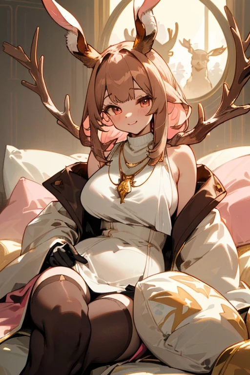 (Masterpiece: 1.5, best quality, high resolution: 1.3, super resolution, super detailed, ultra detailed: 1.3, rich background: 1.2, 1 woman, jackalope woman, woman with deer antlers and rabbit ears)) pale skin + brown hair + long fluffy curly hair + pink eyes + long eyelashes + feminine body + big chest + medium hips + thick thighs + deer antlers intricate + long rabbit ears (tank shirt, coat that falls off her shoulders, long sleeves, thigh-high stockings, two necklaces) ((smiles, sitting on pillows, solar lighting)) (colors for clothing and accessories: white, gold, black, light pink, brown)