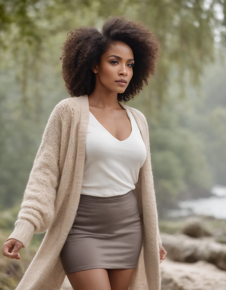 An Amazon woman, strong and proud, with a long cardigan and knitted pullover underneath and a short draped skirt and long curly afro hair, looking with determination towards the horizon