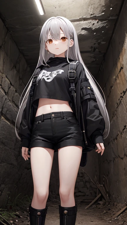 Underground caves、dark underground、girl exploring、long silver hair、Exploration suit with belly button exposed、Large backpack、Black shorts、Knee-high boots、17 years old