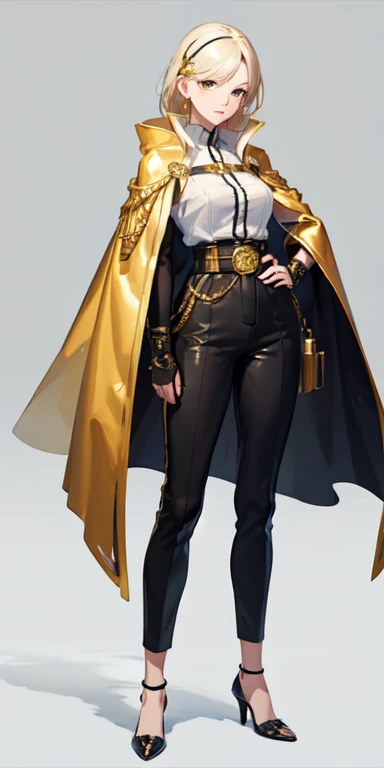 ((best quality)), ((masterpiece)), (detailed),full body anime picture of a female security guard , gold outfit , 1 person , gold markings , waist cape , warden , female