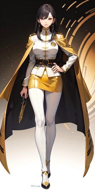((best quality)), ((masterpiece)), (detailed),full body anime picture of a female security guard , gold outfit ,  1 person , gold markings , waist cape , warden , female