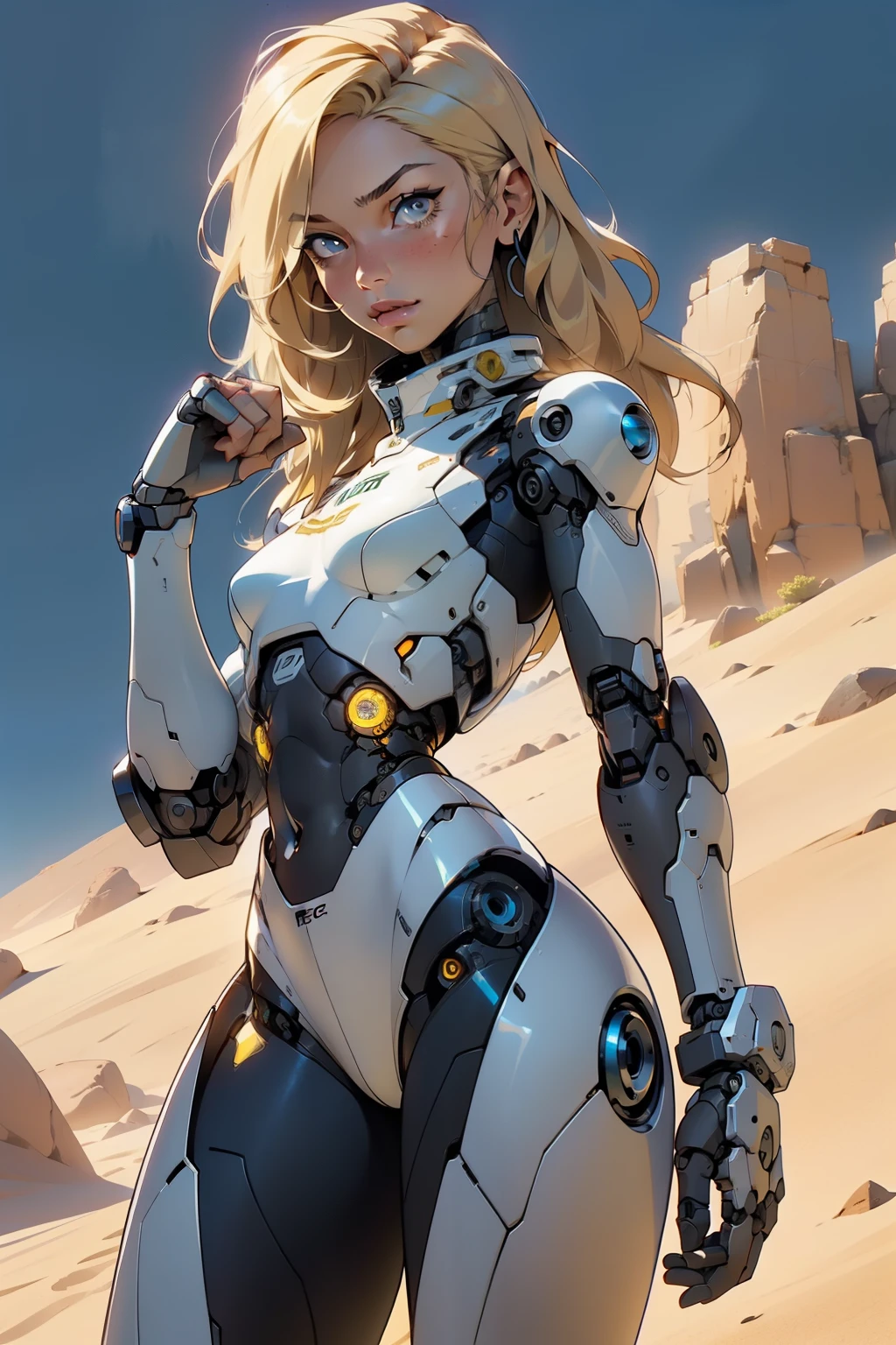 high quality, 4k, masterpiece, beautiful, cyborg girl, cowboy shot, dull eyes, looking at viewer, long blonde hair, girl, small breasts, fit thigh, robotic arms, robotic body, cyborg body, yellow accent, intricate detail, joint, detailed lines, robotic detail, holding fist up, holding hand up as fist, color robotic parts, robotic parts with color, perfect fingers, on a desert planet, sunny background, colorful desert,
