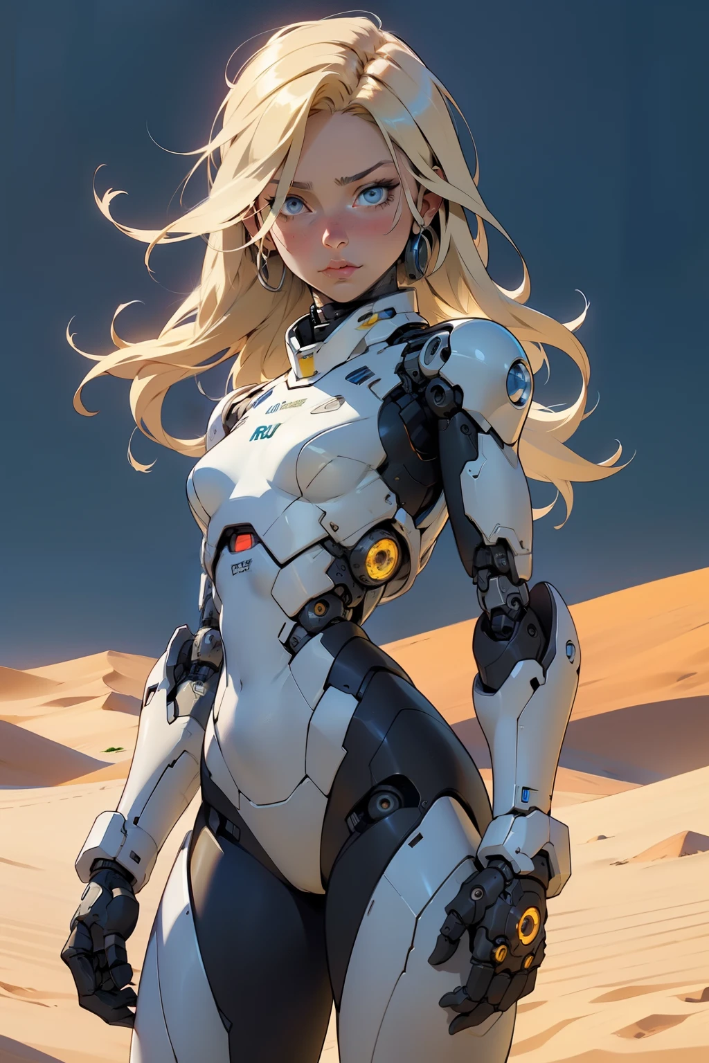 high quality, 4k, masterpiece, beautiful, cyborg girl, cowboy shot, dull eyes, looking at viewer, long blonde hair, girl, small breasts, fit thigh, robotic arms, robotic body, cyborg body, yellow accent, intricate detail, joint, detailed lines, robotic detail, holding fist up, holding hand up as fist, color robotic parts, robotic parts with color, perfect fingers, on a desert planet, sunny background, colorful desert,