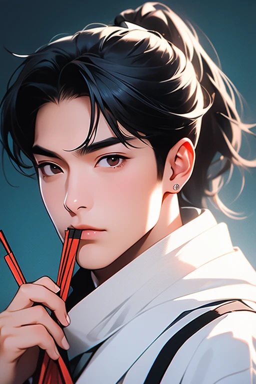 man，Childish face，Black high long ponytail，white robe，Cover your mouth and nose with a folding fan