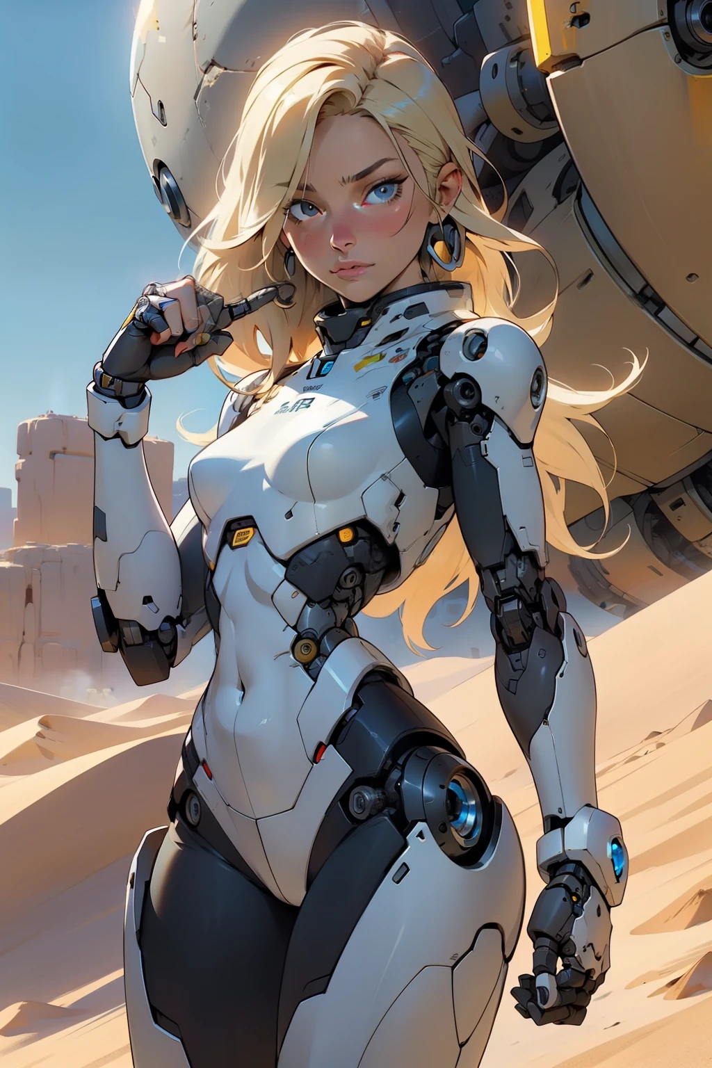high quality, 4k, masterpiece, beautiful, cyborg girl, cowboy shot, dull eyes, looking at viewer, long blonde hair, girl, small breasts, fit thigh, robotic arms, robotic body, cyborg body, yellow accent, intricate detail, joint, detailed lines, robotic detail, holding fist up, holding hand up as fist, color robotic parts, robotic parts with color, perfect fingers, on a desert planet, sunny background, colorful desert,