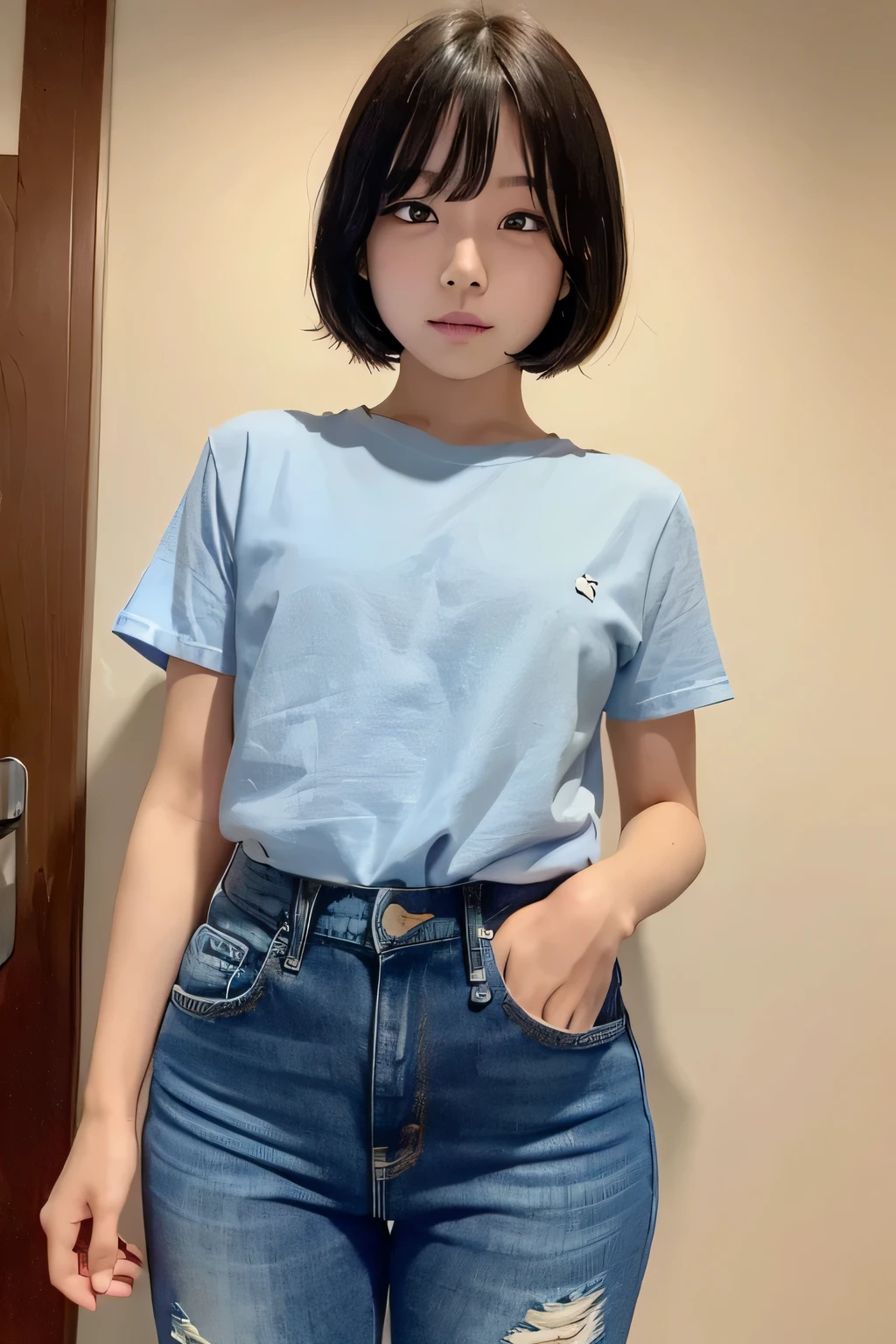 (narrow eyes:1.4), frontal shot , From the middle , (black eye), (japanese woman), 1 girl, (small eyes:1.4), very beautiful  girl, beautiful breasts:1.5, (highly detailed eyes:1.2), (beautiful breasts:1.1), short hair, bangs, (thick legs, huge hips, thick thighs), perfect skin,  Fair skin, tight waist, light blush, alone, looking at the viewer, I almost cry, (White Round Neck T-Shirt), ( Blue Short Jeans:1.5)