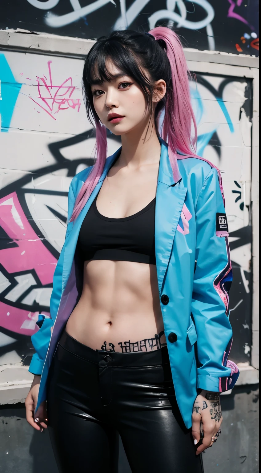 Realistic skin, best quality, Clarity, 4k, 8k, detail, actual, tattoed Girl, Korean makeup, black lips, pink and blue medium mullet hair, Perfect six pack body, stand, pose standing, medium chest, dark blazer top, black legging Pants, Solid graffiti wall background, Graffiti art,