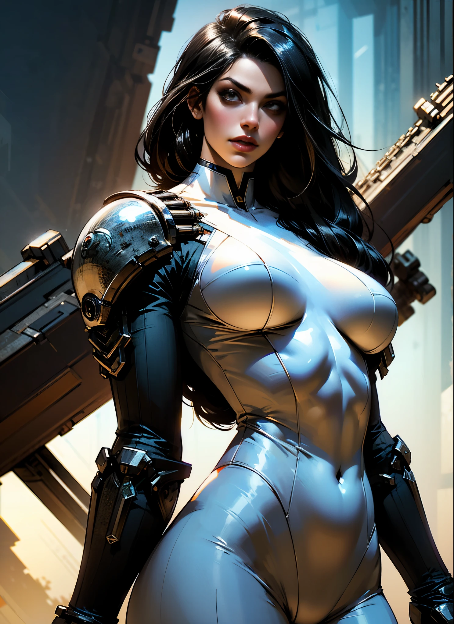 Denise Milani as a cyberpunk future warrior holding a massively oversized gatling gun. wearing a white swinsuit armored cyberpunk, Perfect body, against a geometric diamond shaped complex background, immaculate composition, brian viveros, katsuya terada, tim okamura, dynamic pose, dynamic light and shadow, bold high quality
