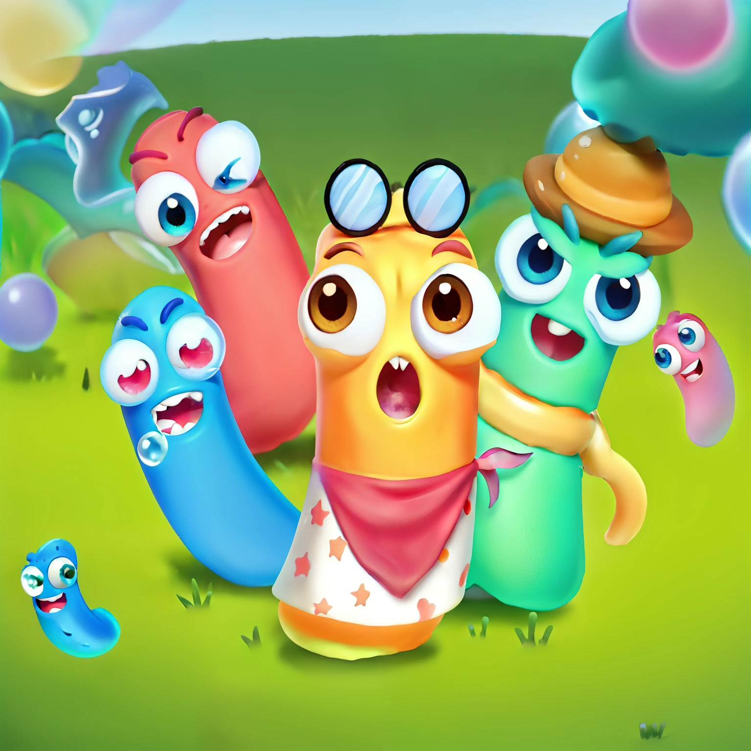 Cartoon character standing in a field with bubbles, candy worms, cute coronavirus creatures!, cute colorful cute, cute coronavirus creatures, mobile game art, gummy worms, cute monster, worms, mobile game style, screenshot, spot, Lovely so much, fishhook, cute characters, squid, casual games, Slime, game illustration