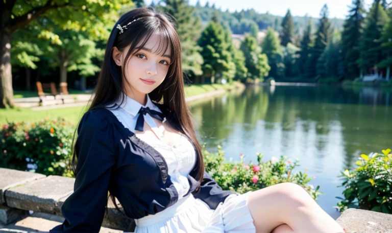 actual, photo actual:1.37), Extremely ridiculous, (Extremely detailed:1.3), 8k, (masterpiece), (best quality:1.4), (ultra high resolution:1.2), (original photo:1.2), (unified 8k wallpaper), 1 nogizaka girl, very cute, (beautiful girl:1.35), (18 years:1.4), ((Alice and fashion)), Exquisite and beautiful face、Eyes and skin, Red rose hair ornament, intricately detailed white dress，white skirt, medium breasts, Double tail, detailed black shine hair, smile for camera, Petit Trianon Garden, Check out the village and the lake, Super detailed background, professional lighting