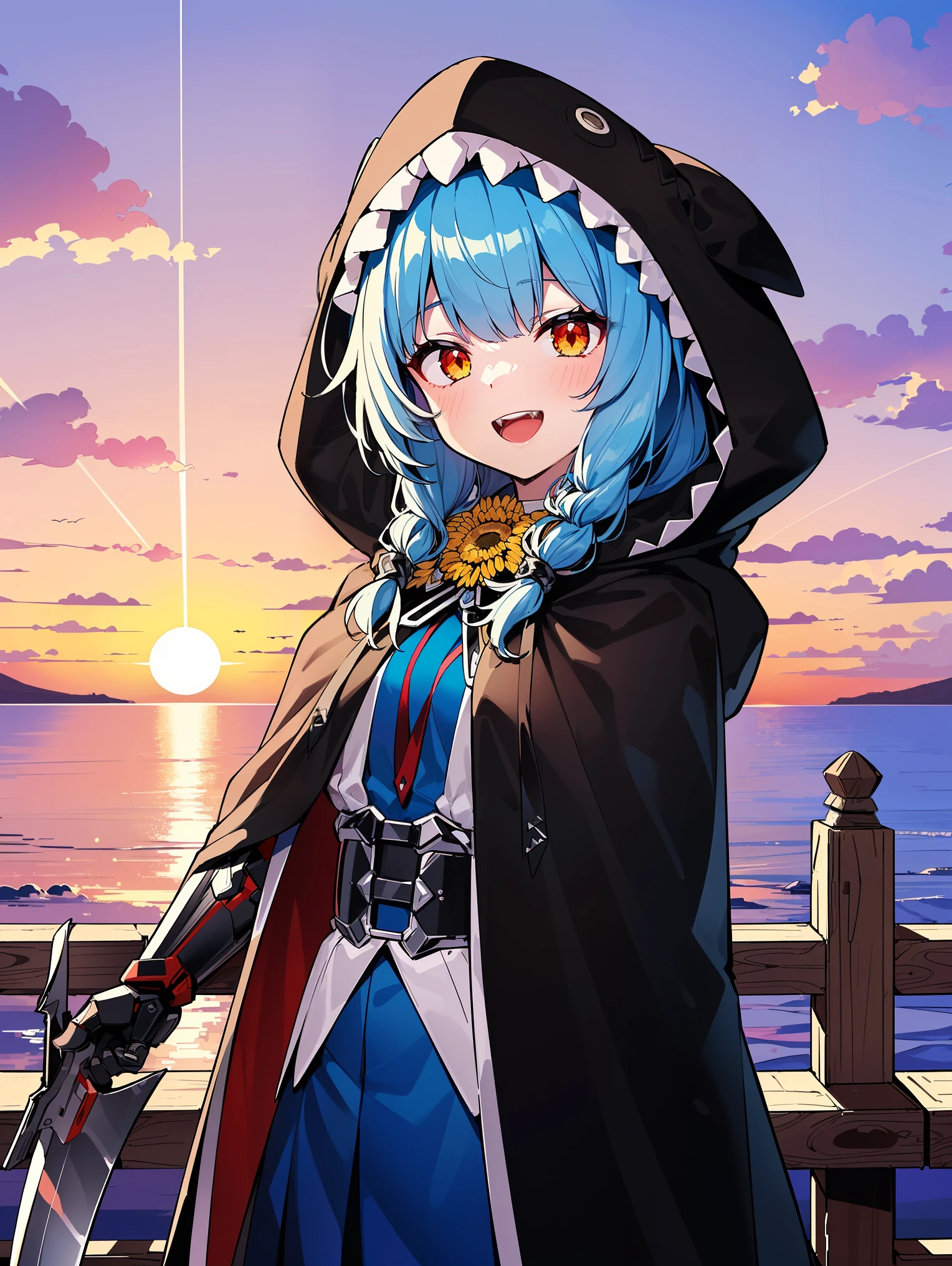 《masterpiece》, 《best quality》,
《ultra-detailed》,
1girl, eccentric, 'A girl fused with a tyrannosaurus', Blue hair color, '(((dreadlocks hair)))', '((red glowing eyes))', '((Blue metallic exoskeleton))', '((Augmented Cyborg))', '((shark-like teeth))', '((open mouth))', '((crazy smile))', ferocious personality, '((not smiling))', '(((guillotine)))', '(((Guillotine motif)))'
'(((guillotine)))', '(((Her arm is a giant knife)))', '(((Giant machete)))', '((she is composure))',
'(((((black bouquet)))))', '(((((white chrysanthemum)))))',
'(((((wear a black cloak, hood)))))',
'(upper body angle)'
'((cowboy shot))'
'((((watching the sunset))))', '((((sunset))))', '((((coastline))))', '((((seaside))))',