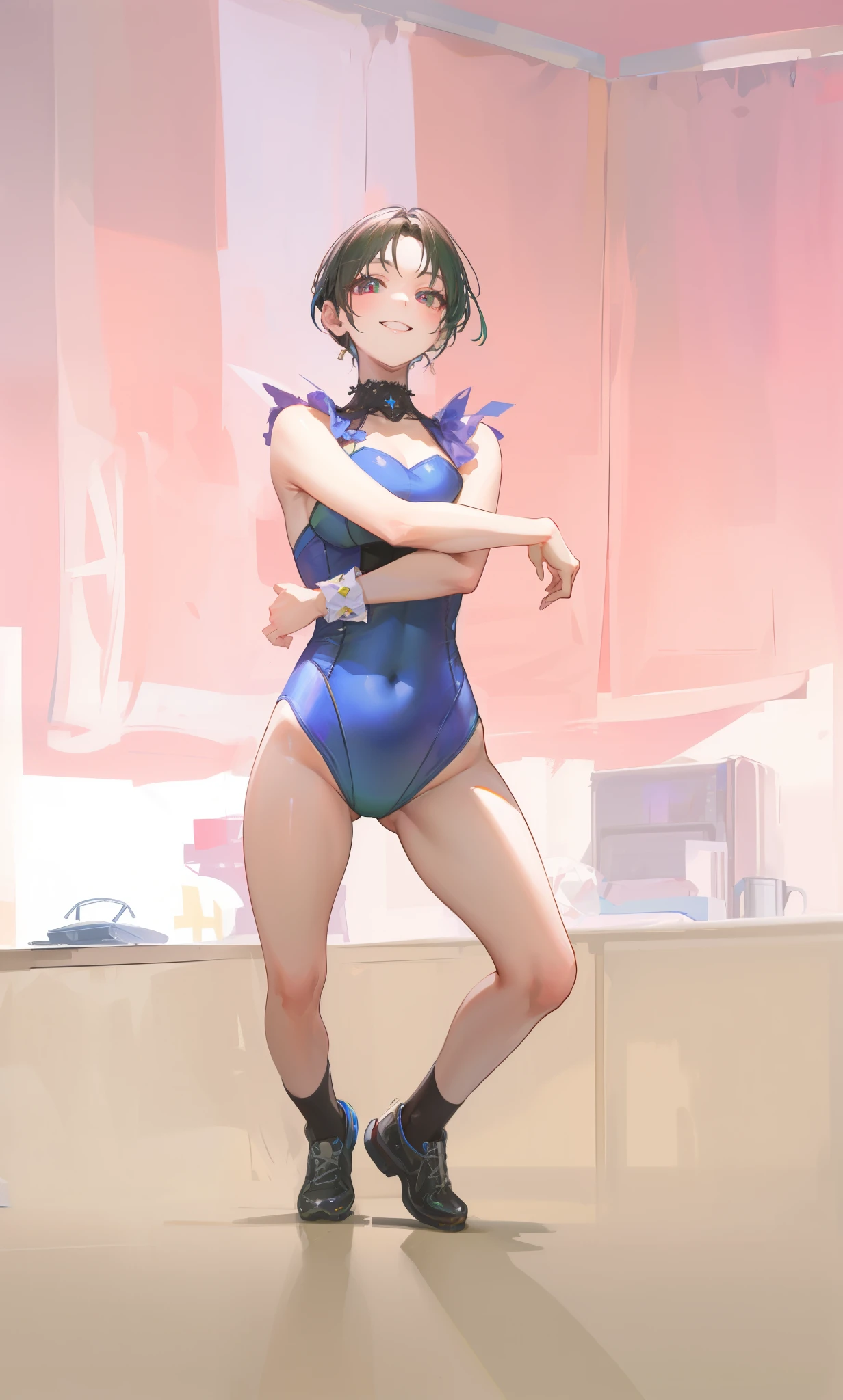 (best quality,4k,8k,highres,masterpiece:1.2). green leotard..symmetrical, black foot wear.bright and cheerful smile