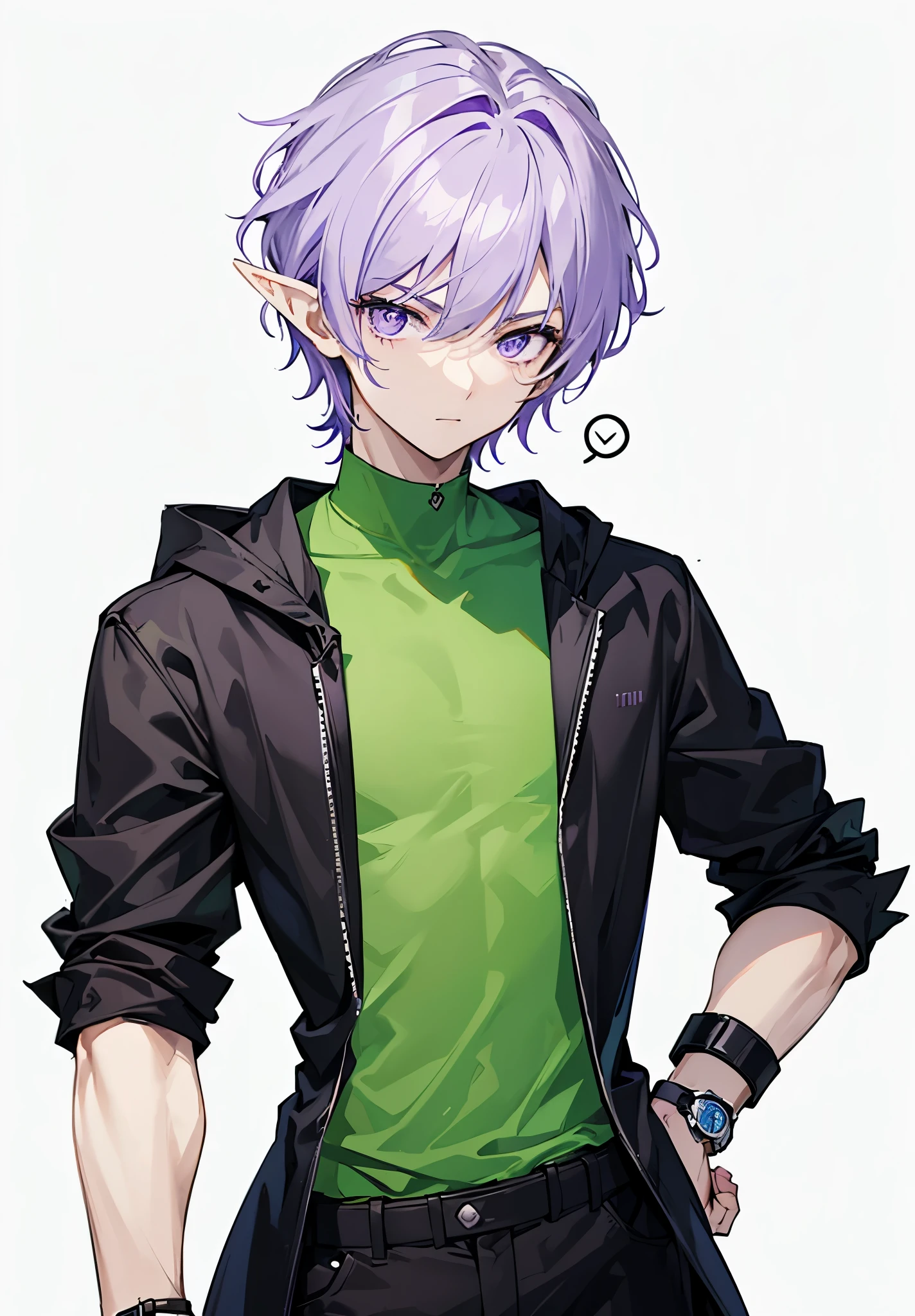1boy, purple eyes, black hacker, watch, green t-shirt,elf, high resolusion, anatomy, Perfect hand, Perfect pose, handsome,cool,