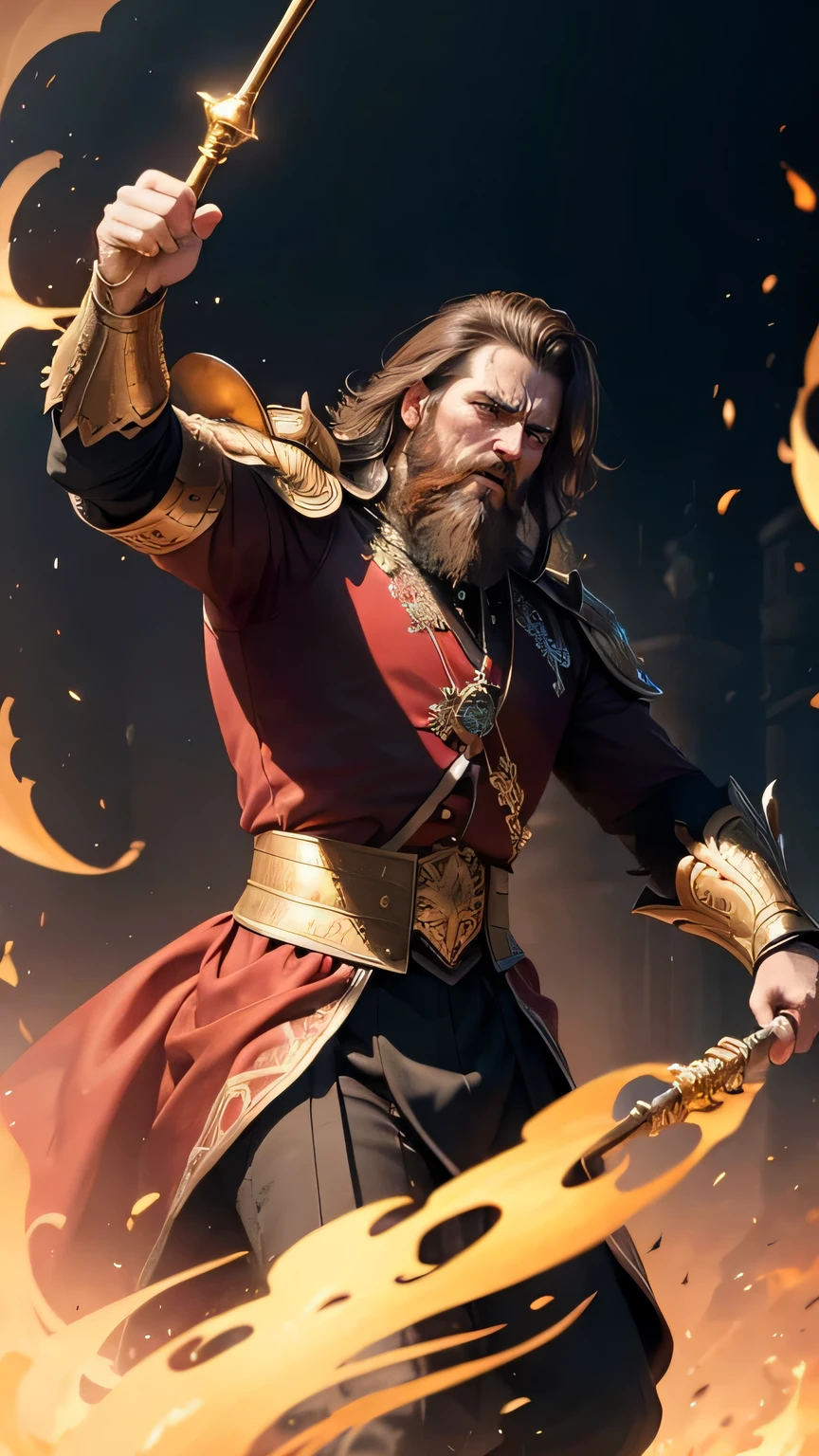 masterpiece, 45 years old, angry, rage,(The emperor swings a golden staff at the princess..), Medium-length brunette, mustache, amazing, (lower golden wand), hemorrhage, wearing the emperor's clothes, 16th century Russia ,
