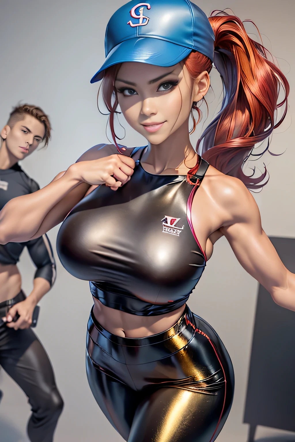 (sharp focus:1.2), , attractive young woman solo, (beautiful face:1.1), fine eyes, luscious lips, (smoky eye makeup:0.85), (big and full breasts:1.5), (Moving body:1.5), Arafe female solo ponytail height model、metallic rainbow baseball uniform、baseball cap、five fingers、thin and long legs,、long pants、spike shoes、redhead、blue eyes、Fitness Body Shape、Pose ready to fight、naughty smile