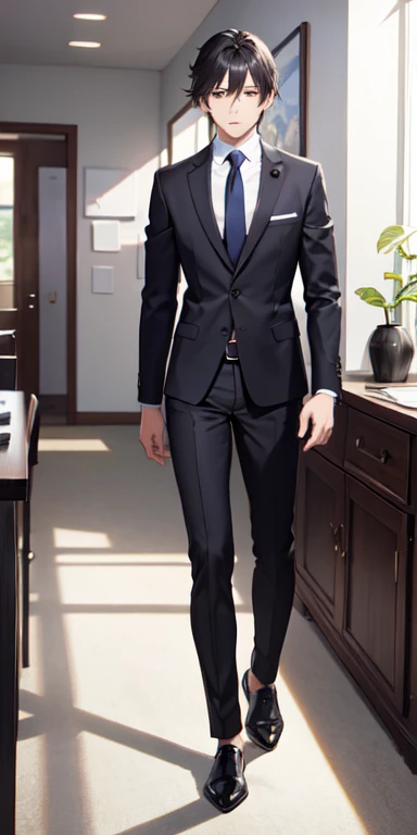 ((best quality)), ((masterpiece)), (detailed),full body anime picture of a male secretary , black outfit , 1 person