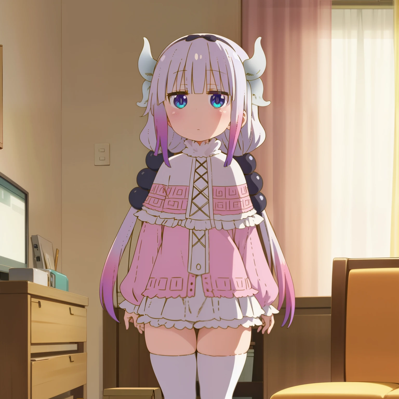 (best quality), highres, kdm style, kanna kamui, solo, dragon girl, blue eyes, light purple hair, purple hair, long hair, blunt bangs, bangs, jitome, gradient hair, capelet, dress, frills, long sleeves, white skirt, zettai ryouiki, white thighhighs, standing, living room, (thick thighs:1.3)